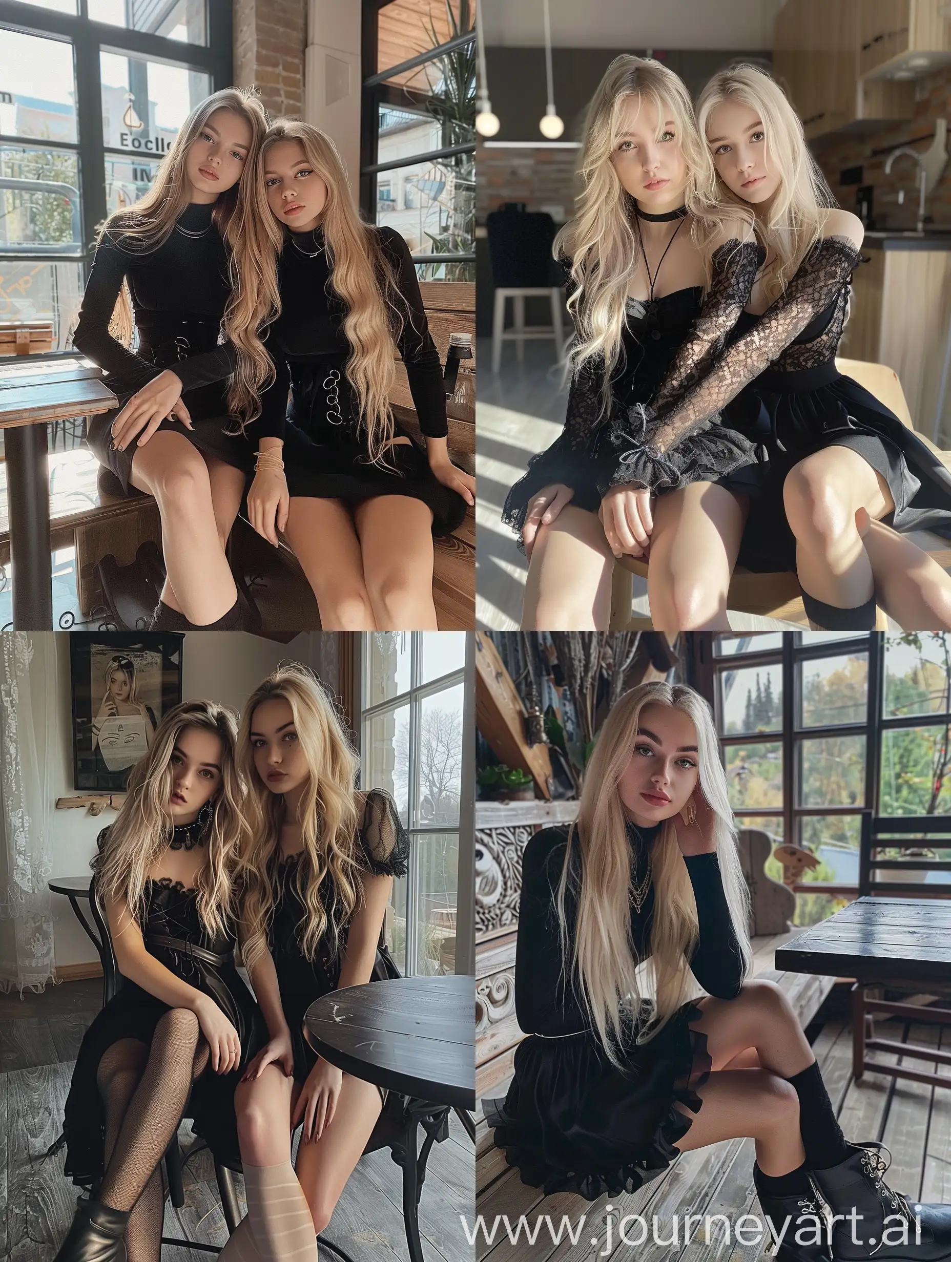 2 Ukrainians girls, long blond hair , 22 years old, influencer, beauty , black dress ,   , makeup, floor view, sitting on table , socks and boots, no effect, selfie , iphone selfie, no filters , iphone photo natural