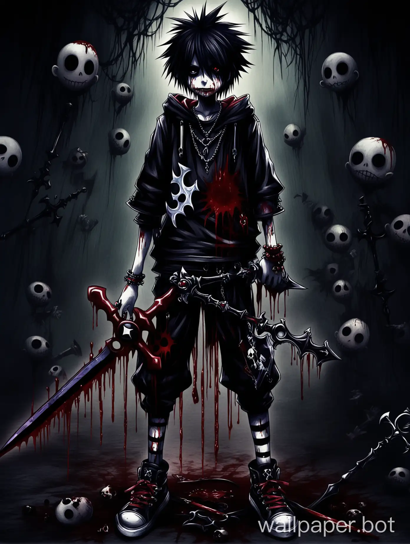 Emo Sora with his dark keyblade from kingdom hearts epic wallpaper dark colors with blood and creepy vibes