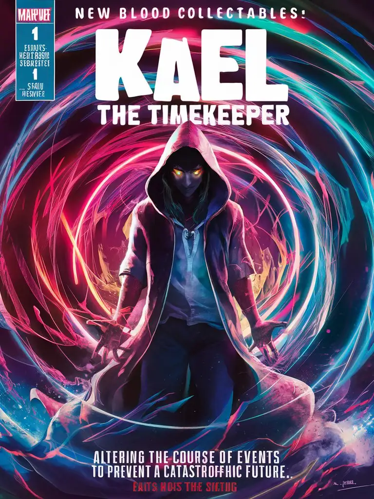 Design a Comic Book cover for title: "New Blood Collectables" featuring subtitle: "Kael, the Timekeeper" Issue: #1 Description: Kael manipulates time itself, altering the course of events to prevent a catastrophic future.