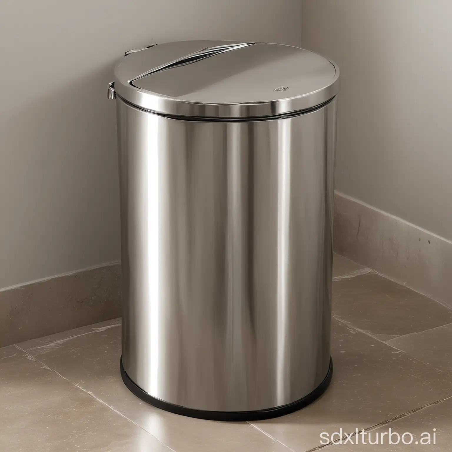 A stainless steel trash can with a sleek, modern design. The trash can has a wide opening for easy disposal of waste, and a lid that keeps the contents concealed.