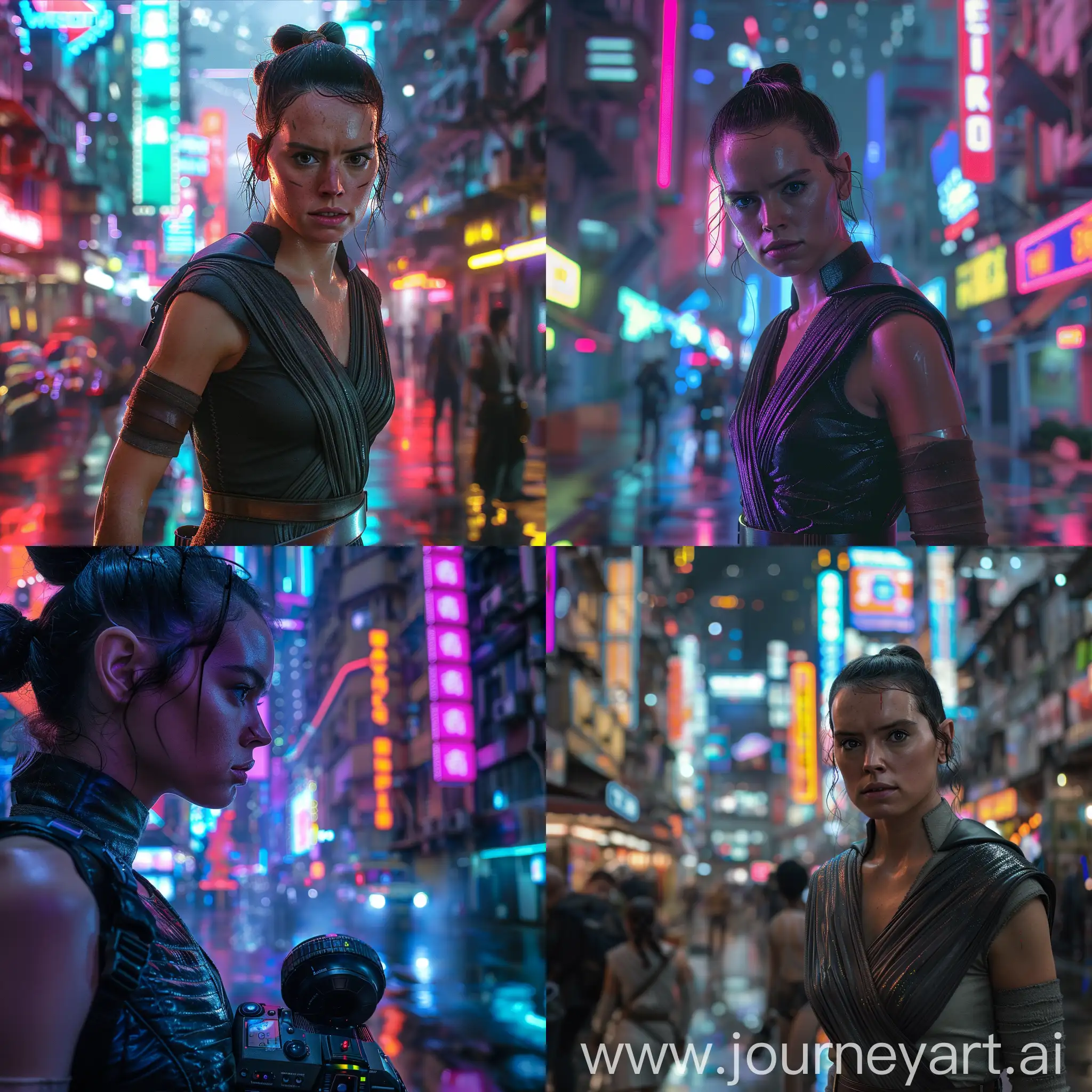 Rey Skywalker With Black leather in cyberpunk city With neon looking at The camera, camwra zoom, 8k resolution 