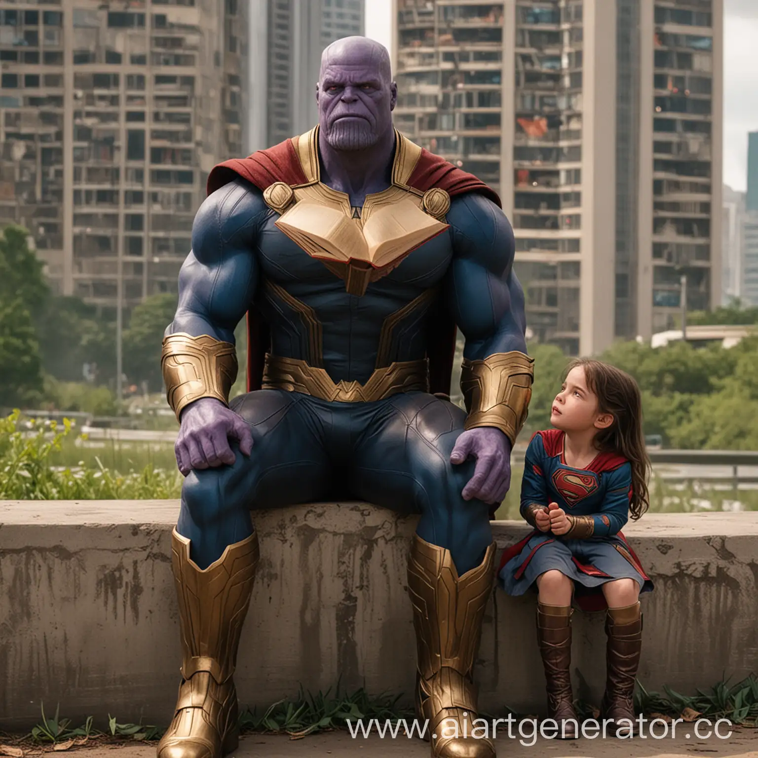 A little girl sits on a bench in a park, reading a book. Suddenly, Thanos forcefully takes the little girl from the park. Superman, standing on top of a tall building, hears a cry for help. He flies to the rescue, and punches Thanos who is forcefully taking the little girl. A fierce battle ensues between Superman and Thanos, but Superman ultimately defeats Thanos.