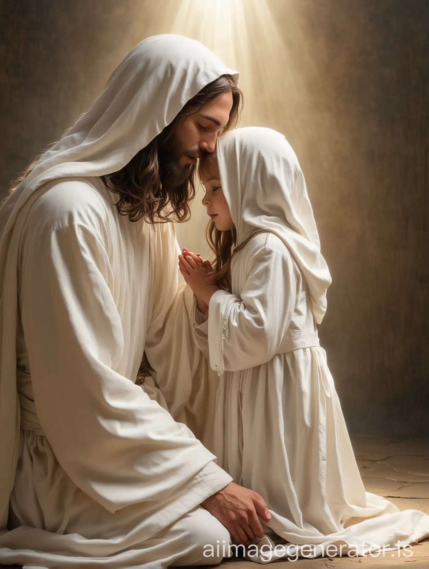 Jesus Christ kneeled down hugging a little girl. Jesus Christ and the little girl are looking at each other and Jesus Christ is wearing a white hood that covers his face and only allows the viewer to see his hair and light coming out of it.