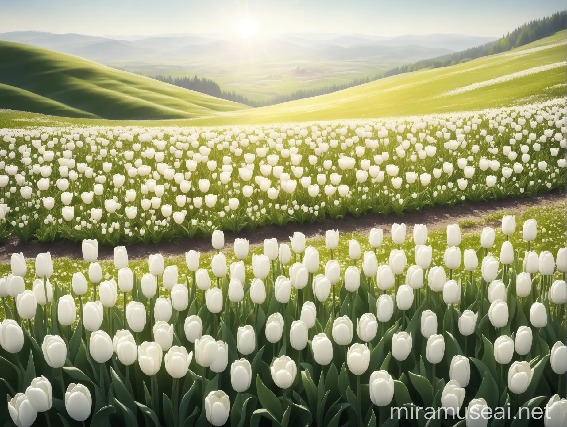 Flowerfield with white tulips, gentle hilltops in the background, sunlit