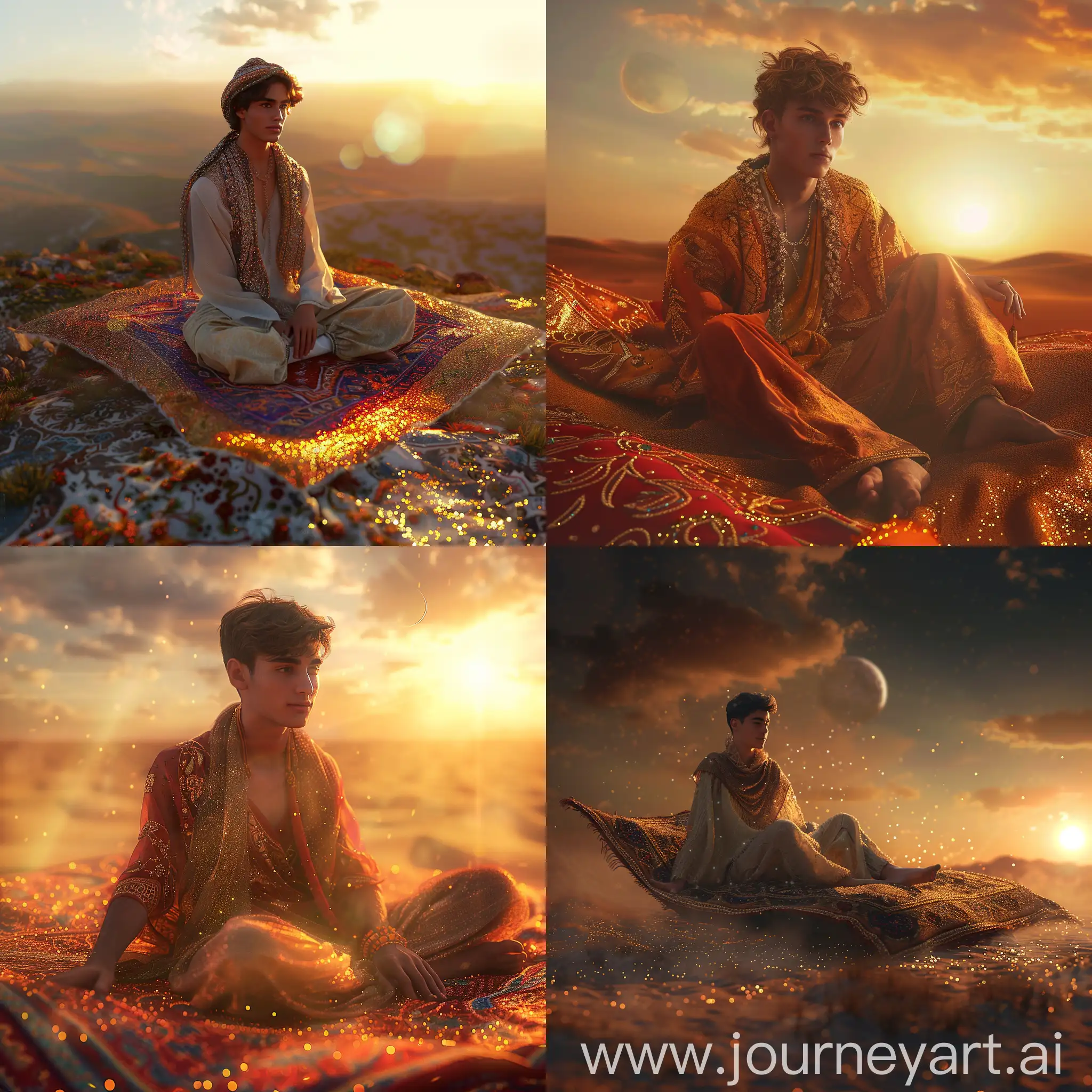 Hyper-Realistic-Flying-Carpet-Scene-Handsome-Young-Man-in-Magical-Oriental-Twilight