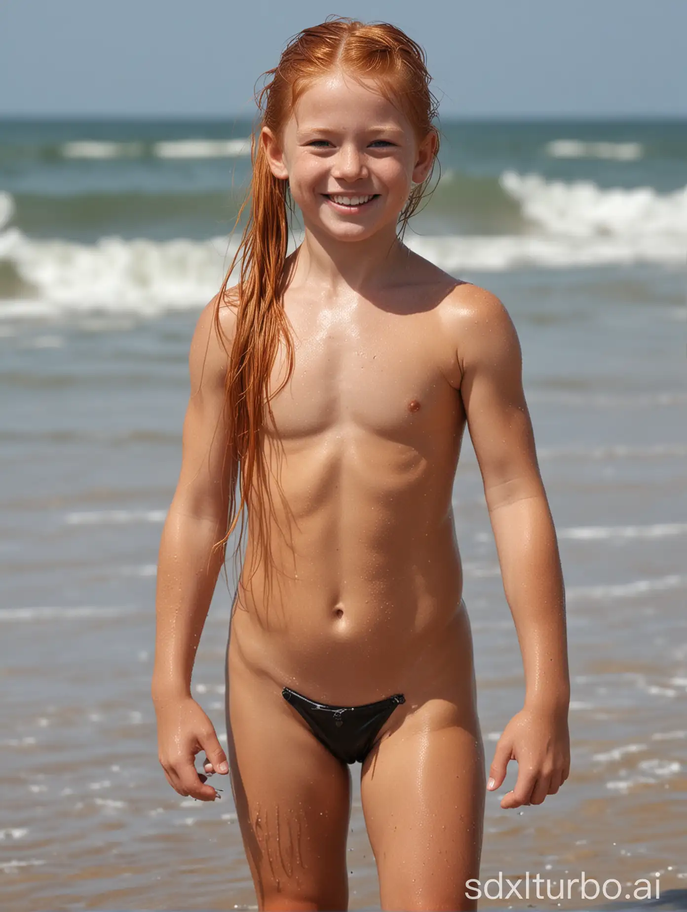 8 years old girl, long ginger hair in a ponytail, super mega muscular, topless leather bikini, smile, at the beach, wet