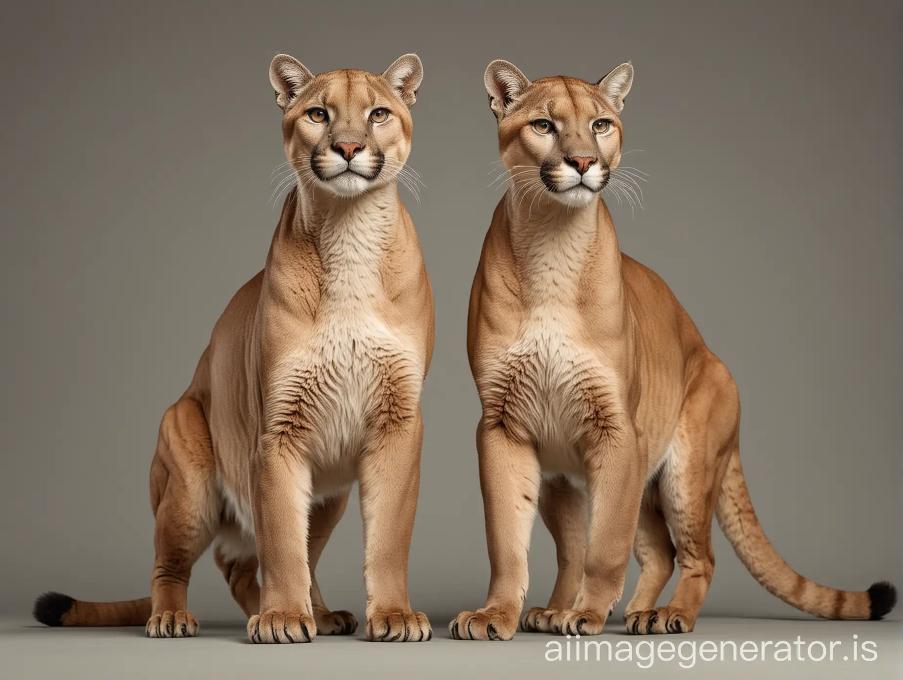 Realistic female puma posing and male puma in standing position, flat background