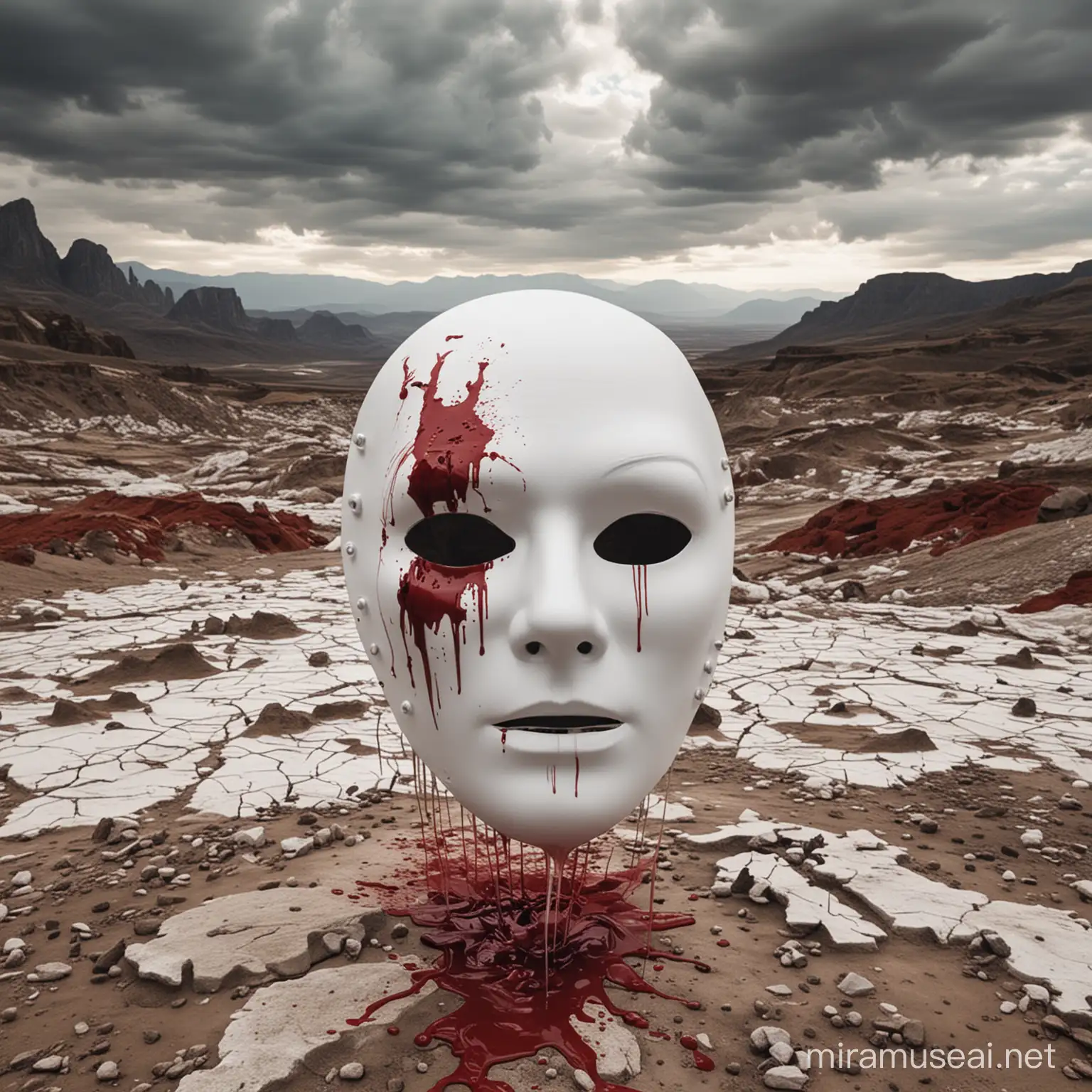 Surreal White Mask with Bleeding Eyes Against Dreamlike Landscape