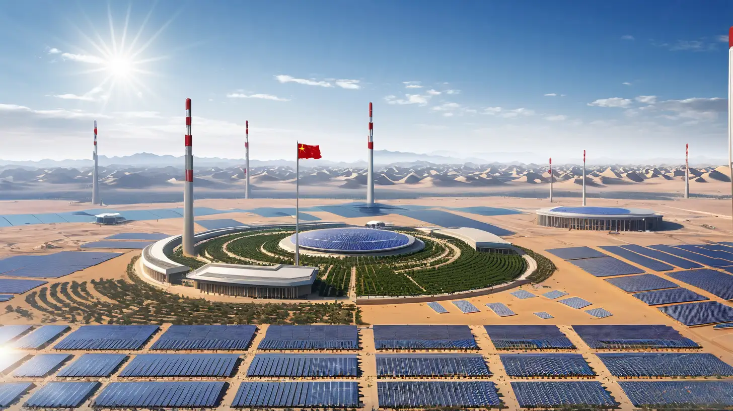 duplicate a very REALISTIC , the same exact image but for china, with china flag and a huge vast solar park covering all ends with tall solar buildings, and tech in the desert