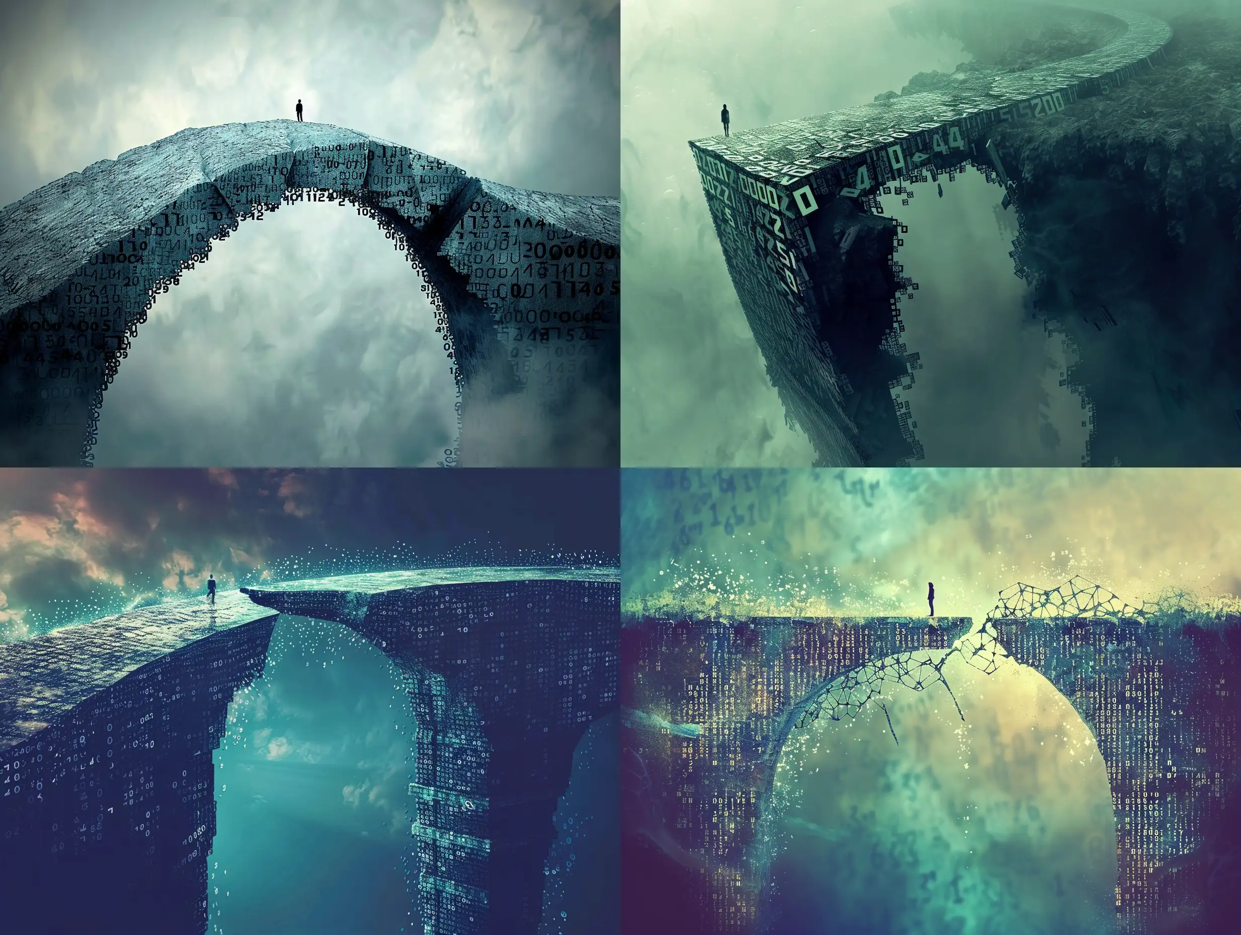 一个虚拟空间里，有一座数字构成的虚拟大桥，大桥的中部断裂了，一个人站在桥边，眺望着远方