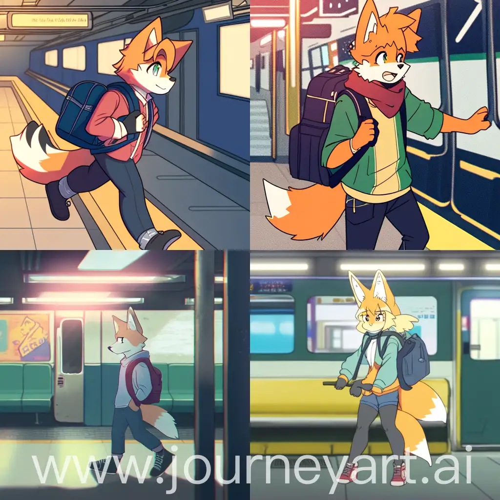 Fox Fenech in anime style, takes off a backpack in the subway, anime style, simple illustration