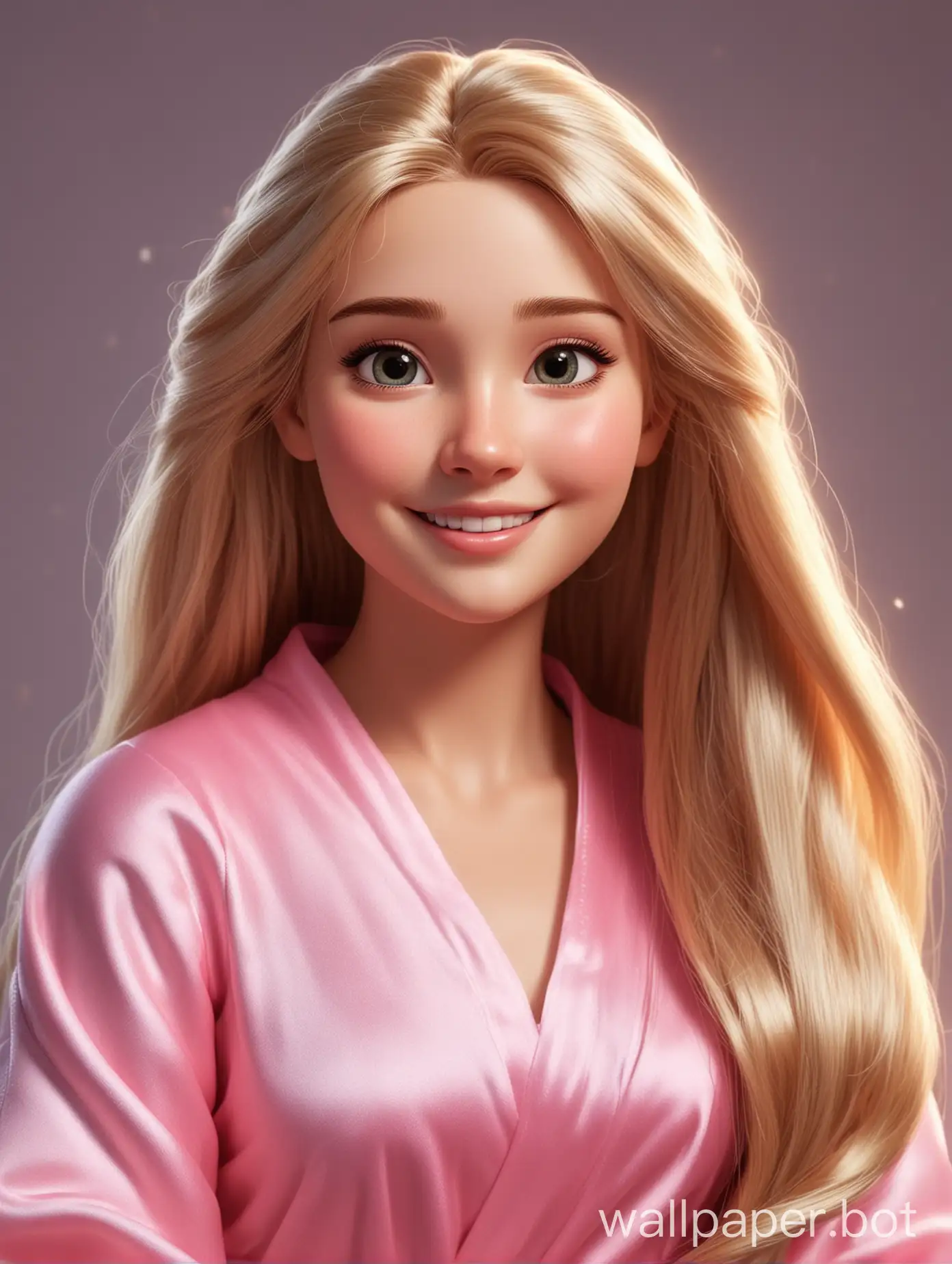 Realistic cutie Rapunzel with long straight hair in a pink silk robe smiles