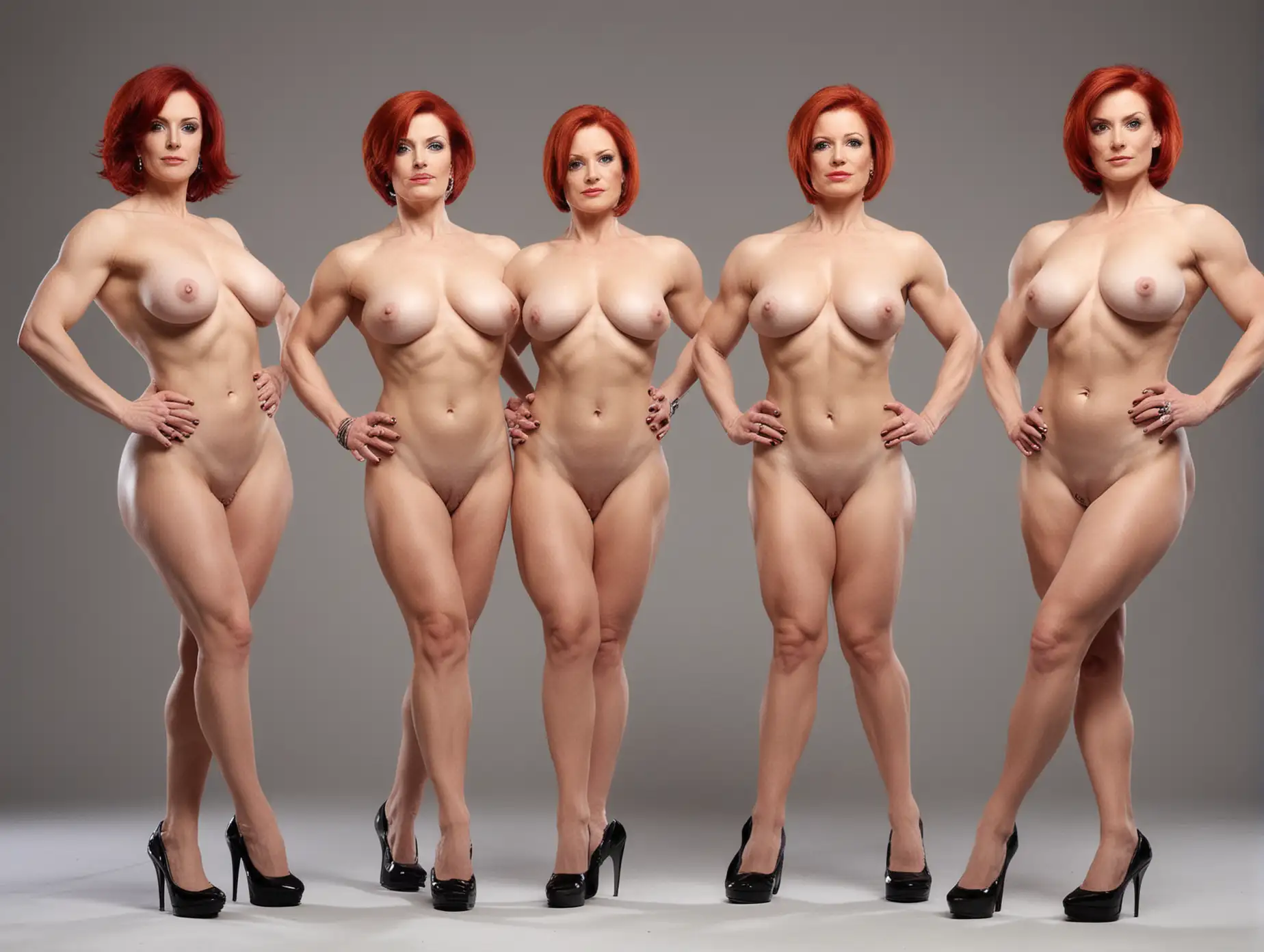 Four fully nude female bodybuilders, overall view, 50 years old, standing on very high heels, black high heels, standing in a studio, pale skin, luscious red hair, short haircut 'Bob', with a side parting, long slender neck, gigantic breasts, enormous hips, huge genitals, very long legs, arms raised, blue eyes, serious face expression.