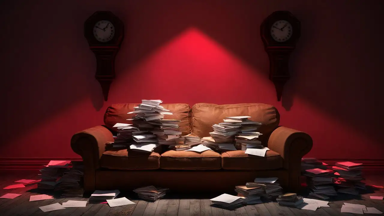 sofa, papers, red light, clocks
