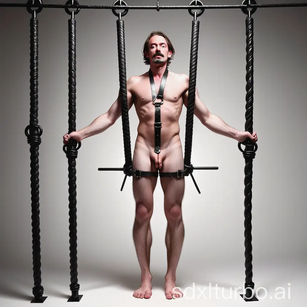 a naked man, entire body completely fettered, spreader bars between hands and spreader bars between the feet and legs