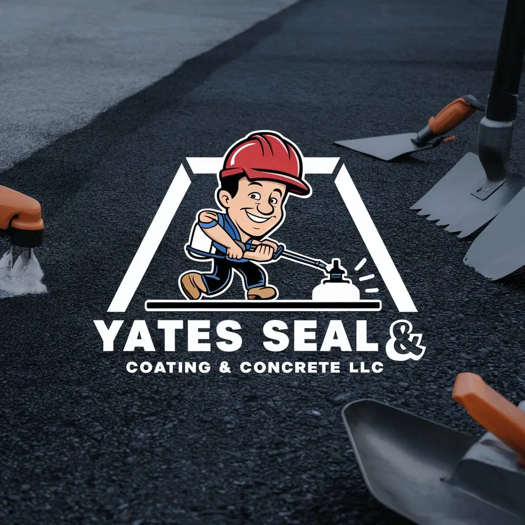 Company Logo for "Yates Seal Coating & Concrete LLC" include concrete tools and maybe a cartoon guy using a sprayer on asphalt