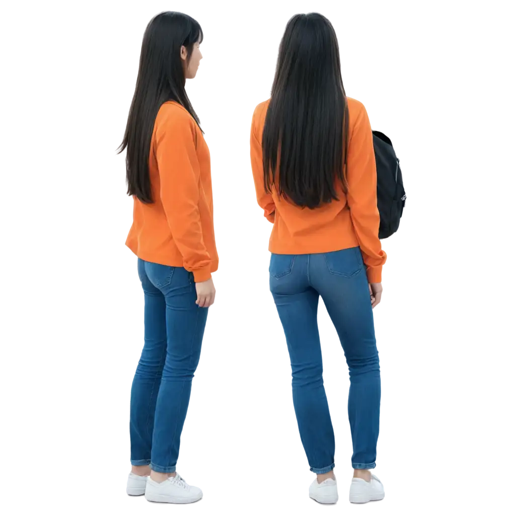 College Girl in Makoto Shinkai Anime Style PNG Black and White Flannel Back View with Orange shirt