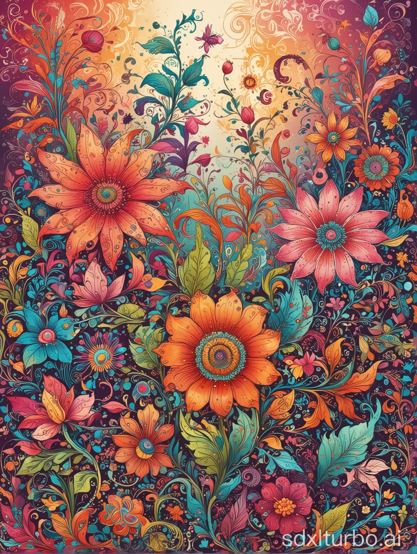 beautiful fantasy flowers and whimsical flourishes, all over print, bright and vibrant colors, Colorful Boho style, bright background