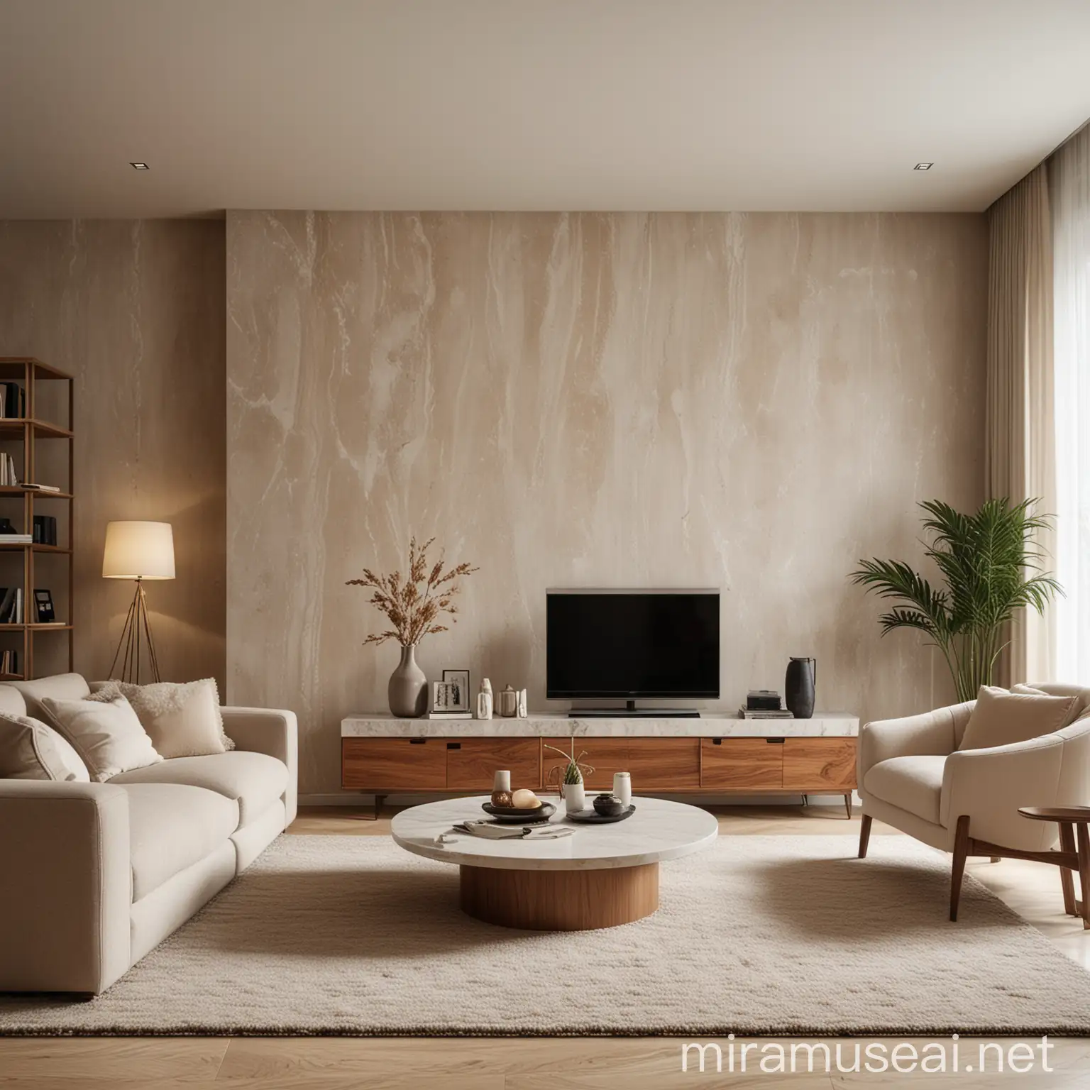 An ultra-realistic wide-angle image of a large luxury contemporary living room, with plush rugs, sofa with boucle fabric, beige armchairs, a neutral colour scheme of whites, greys, beige, tan, coffee, soft Nordic modern lamb sofa, accent chairs, marble coffee table, an aesthetic marble TV wall with walnut shelves decorated with Nordic vases, faux books, pampas vase, with LED lights, a Nordic contemporary lamp, and minimalist decor.