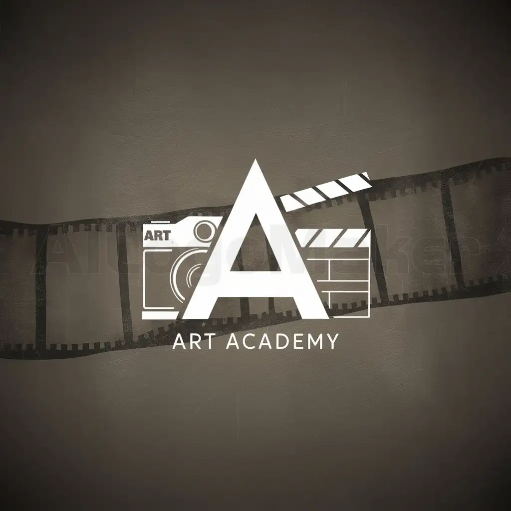a logo design,with the text "Art Academy", main symbol:Please use traditional method in logo design and utilize the mixture of cinematic elements, such as camera, clapperboard or use film sheet, as well as theater element.you can use the half of every element above.,Minimalistic,clear background