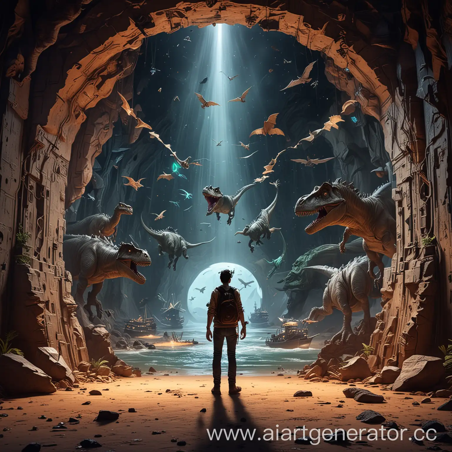 человек играя в виртуальном клубе открыл портал с новым миром, где летают корабли и динозавры