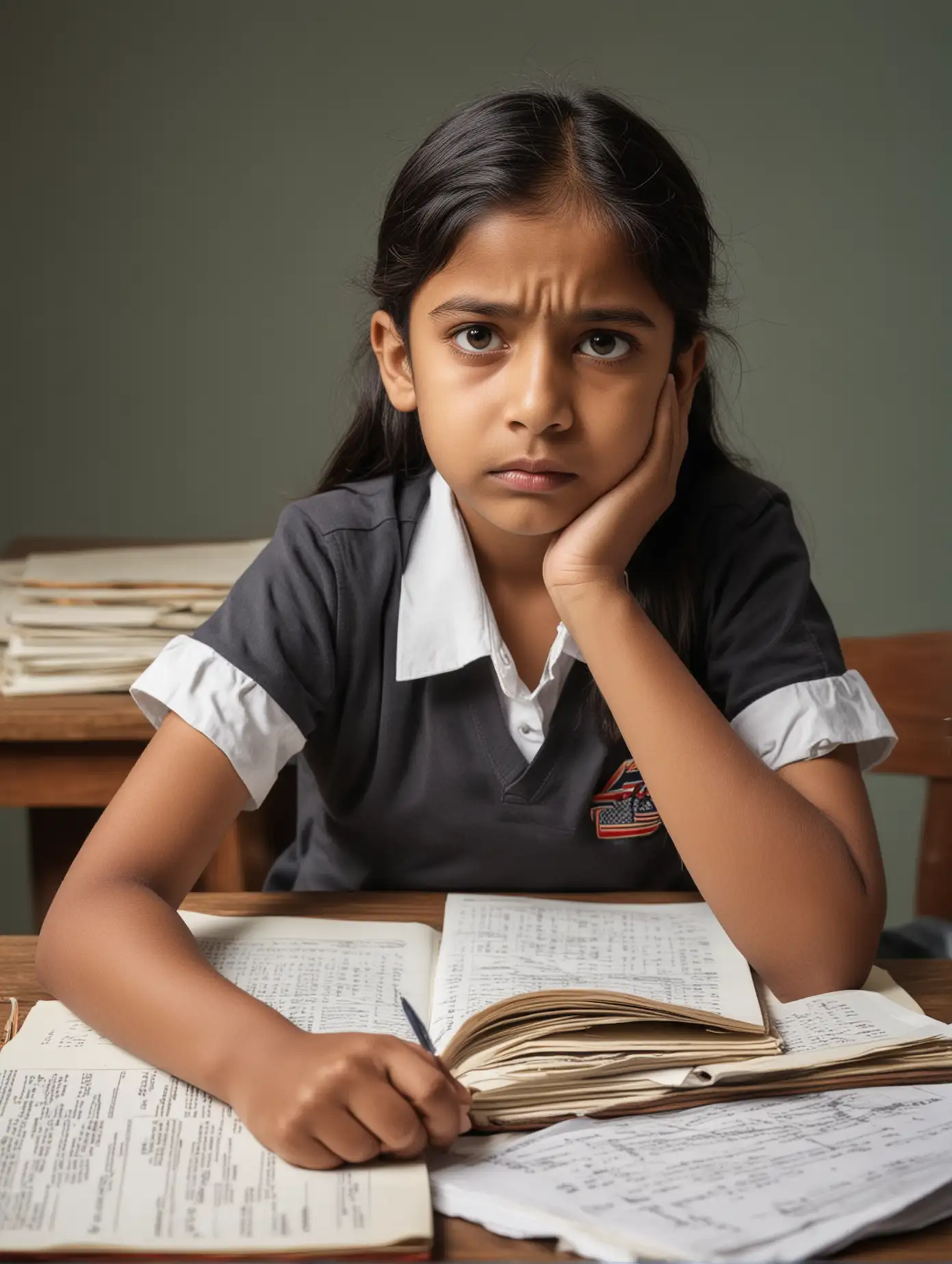 a Indian elementary student, looking miserable because of doing homework