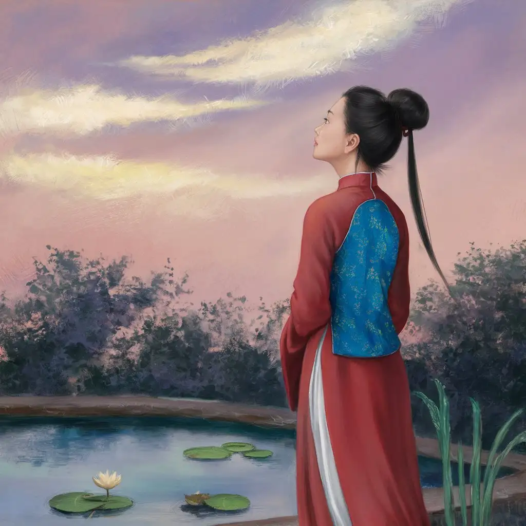 中國女子在池邊看著天空