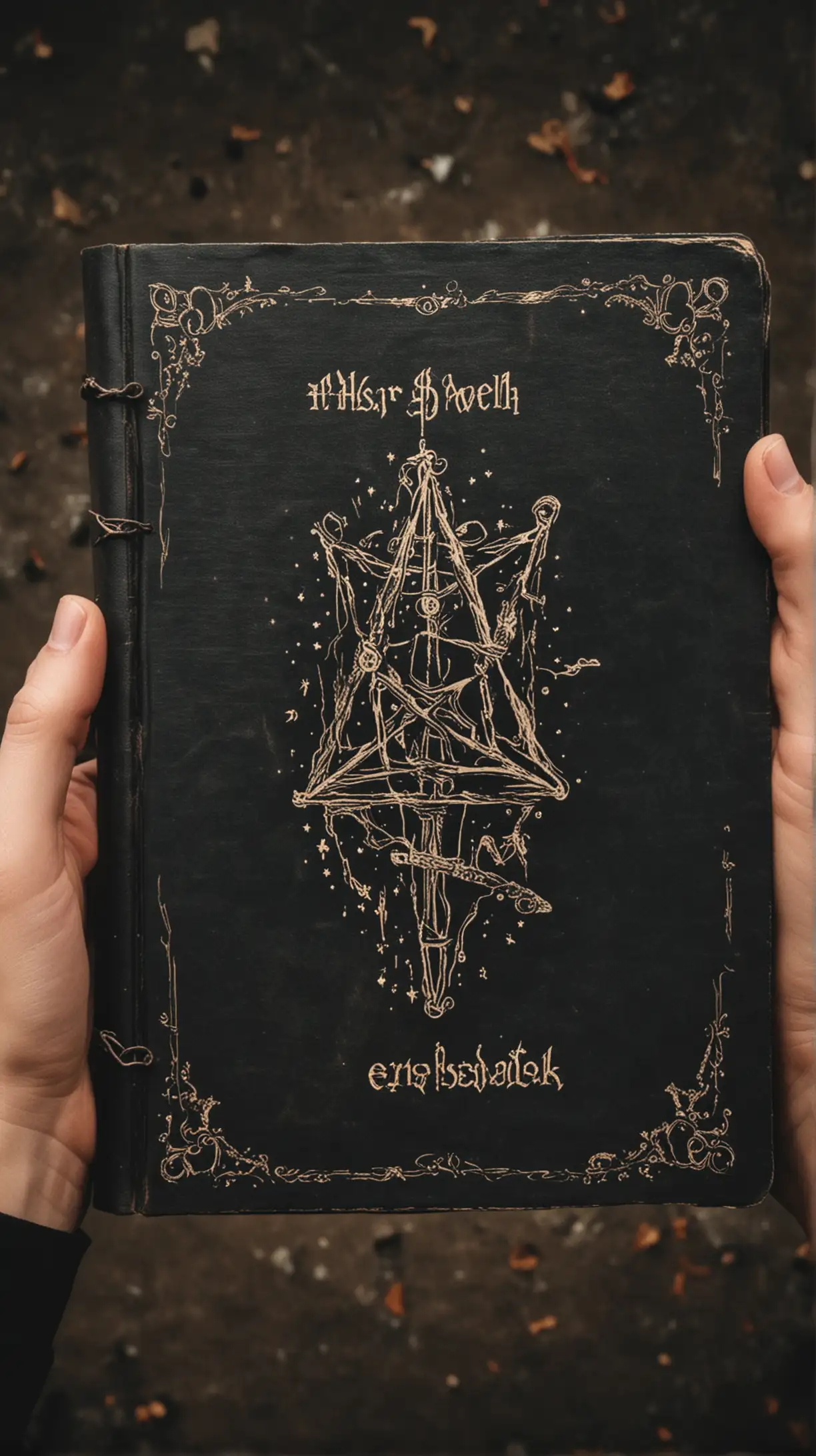 Hands Holding Spell Book with Ancient Symbols