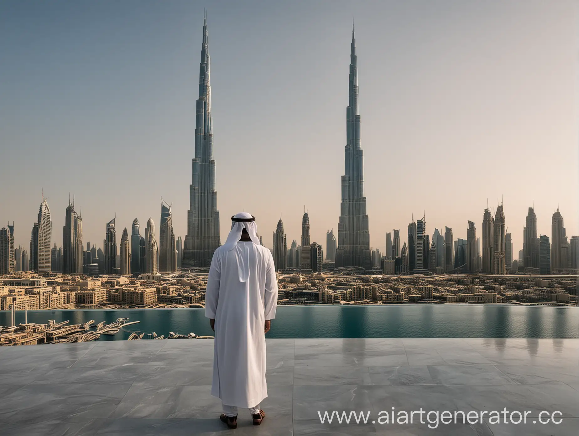 Шейх повернутый спиной на фоне Burj Khalifa