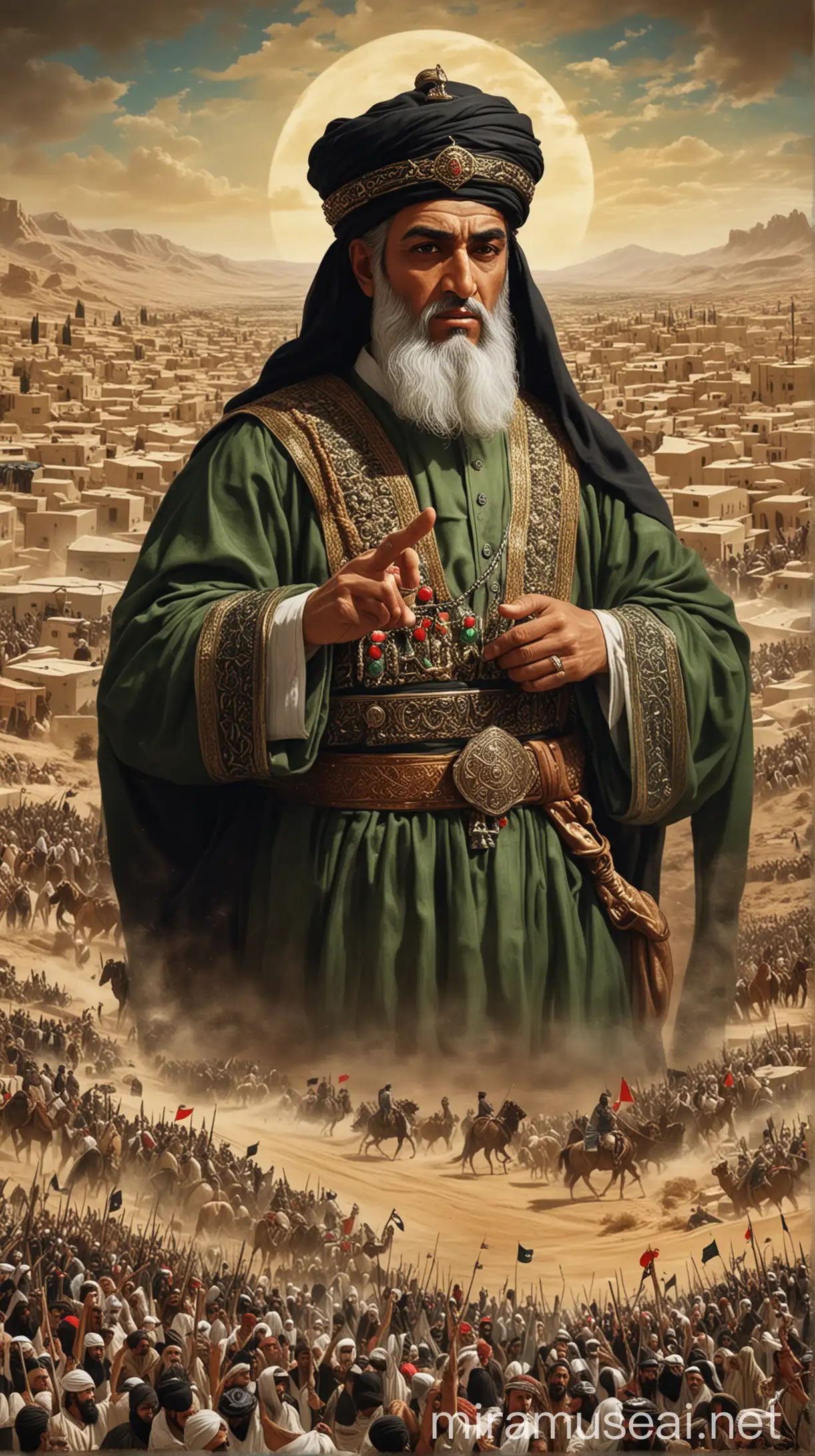 A visual representation of ʿUmar I's tenure as caliph, titled "commander of the faithful," overseeing the expansion of Arab territories and the consolidation of the Islamic state.


