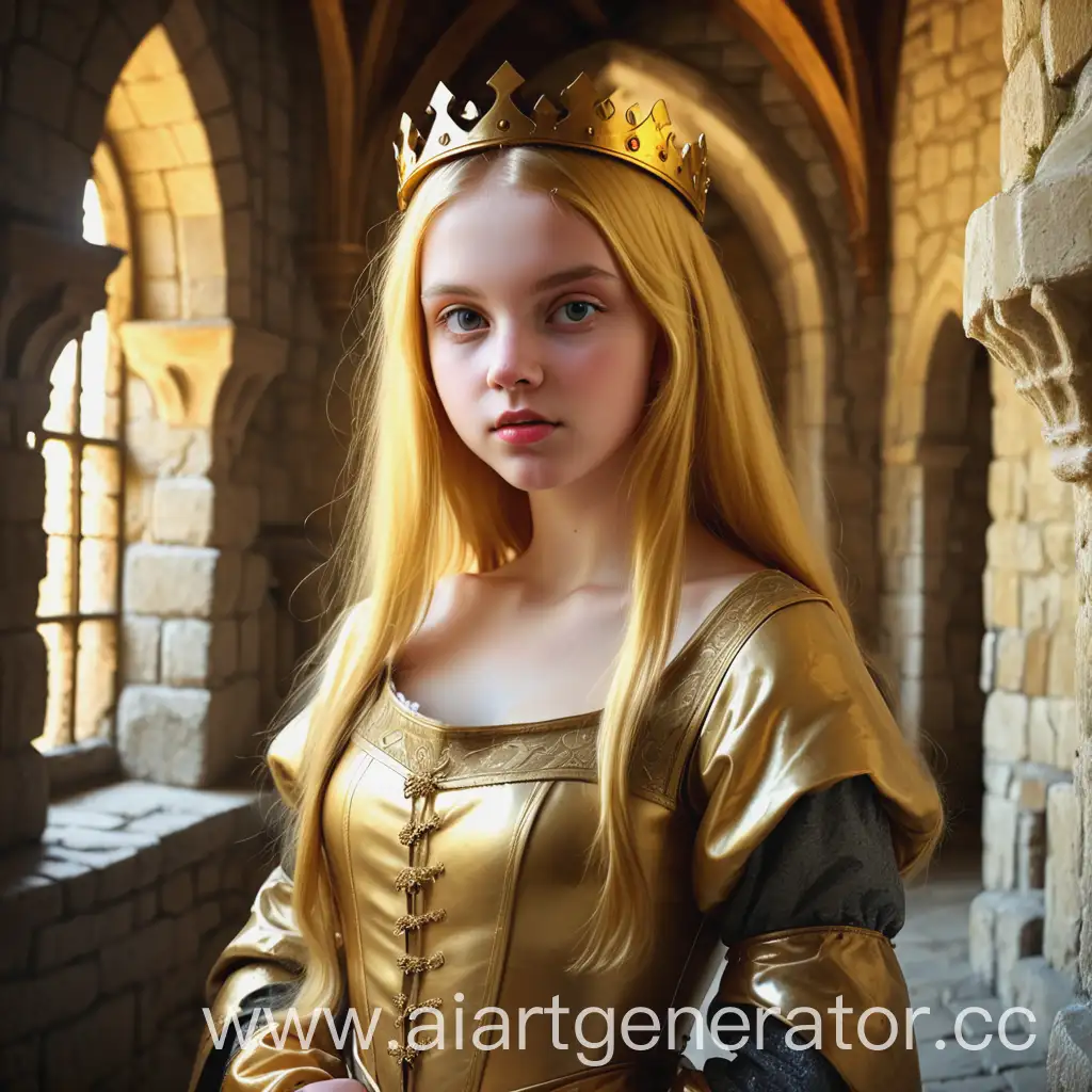 Девочка с золотыми волосами в замке в средневековой одежде