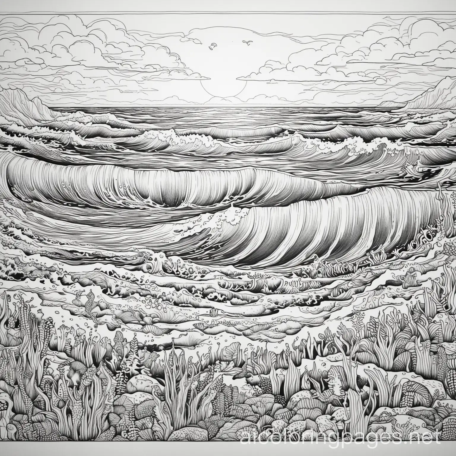 ocean coloring page




 , Coloring Page, black and white, line art, white background, Simplicity, Ample White Space. The background of the coloring page is plain white to make it easy for young children to color within the lines. The outlines of all the subjects are easy to distinguish, making it simple for kids to color without too much difficulty