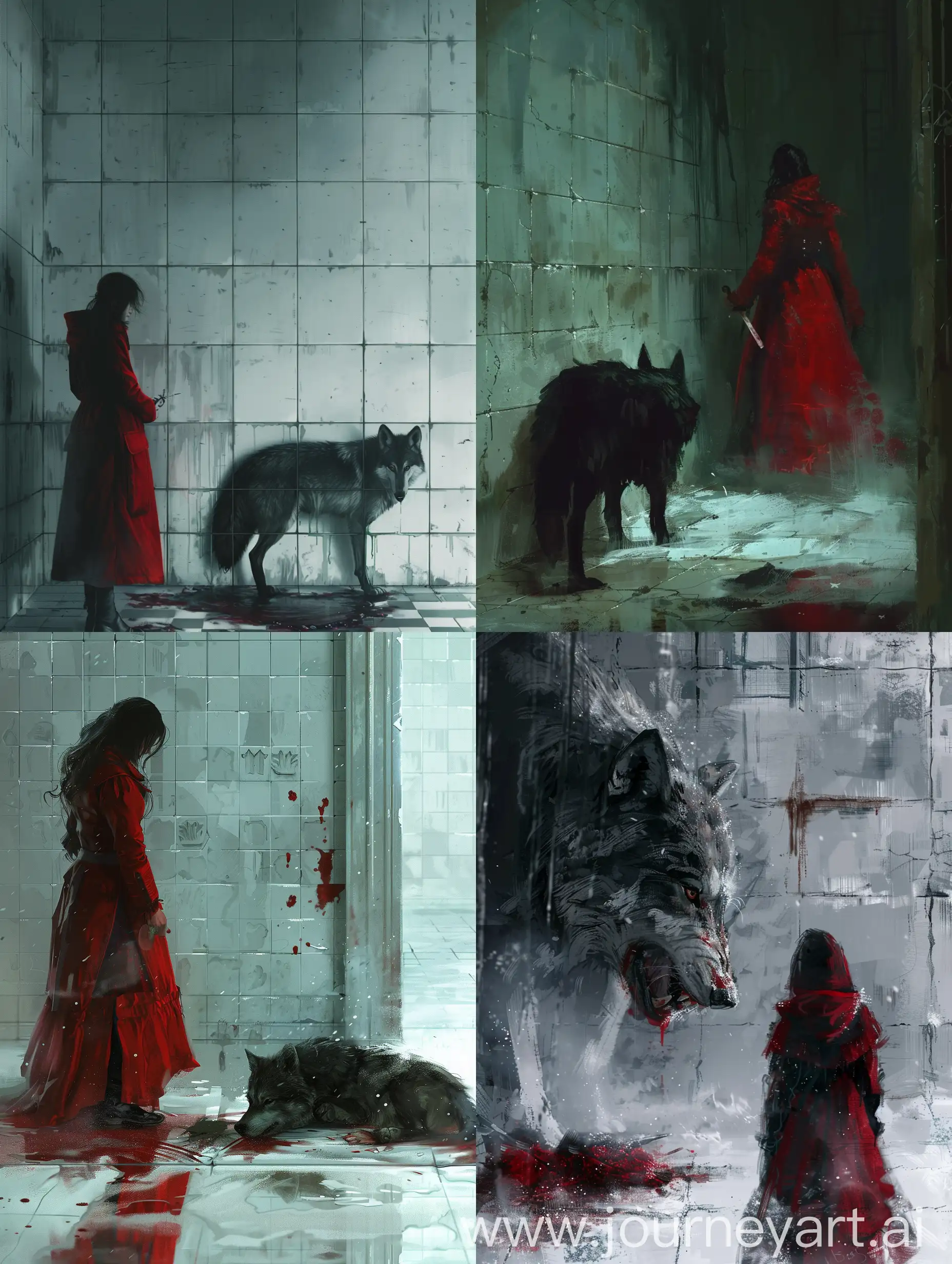 Dark-Fairy-Tale-Painting-Girl-in-Red-Coat-Slaughtering-Wolf-in-White-Tiled-Room