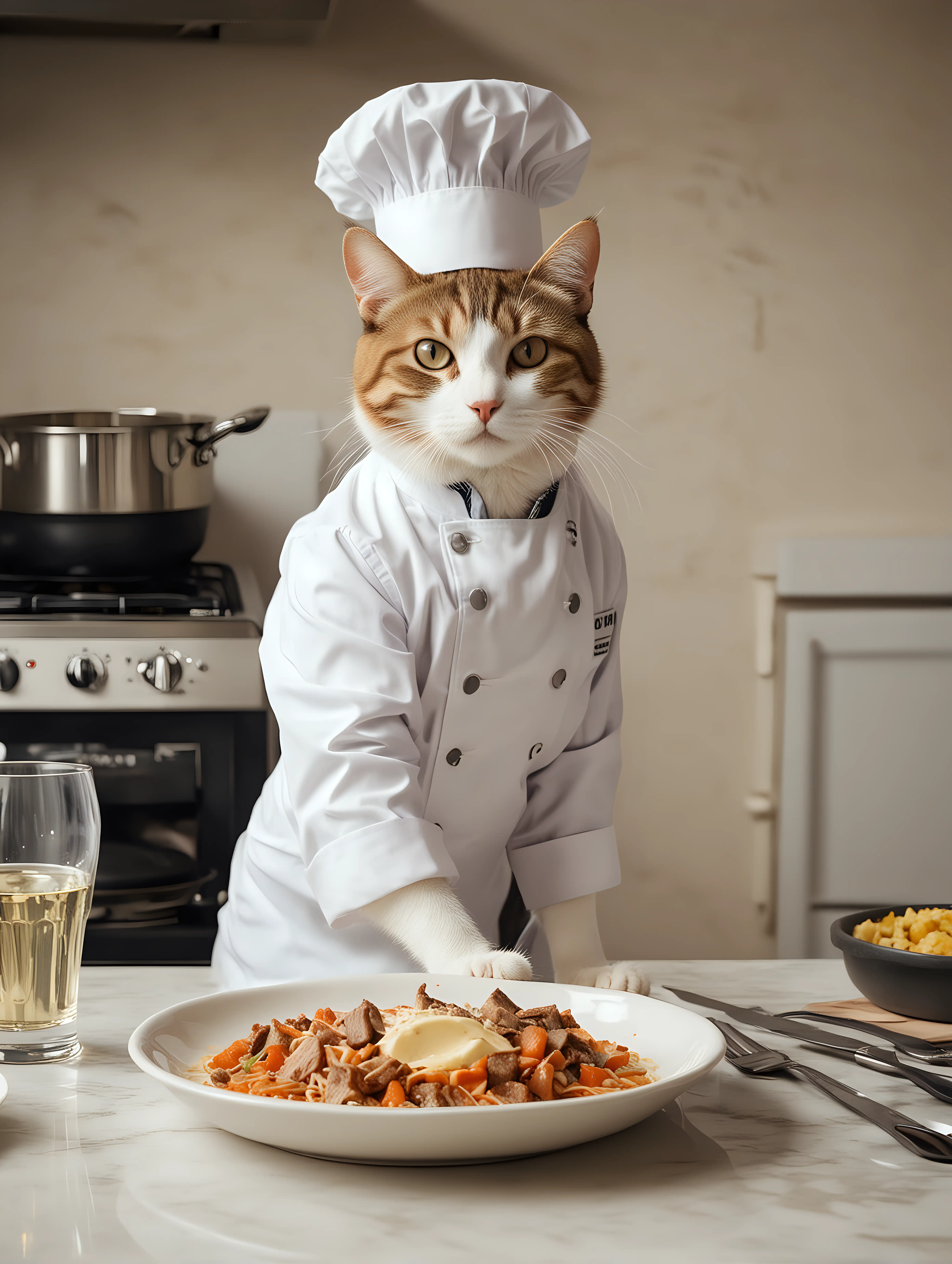 A photo of a domestic cat in a French chef's uniform, preparing a meal.