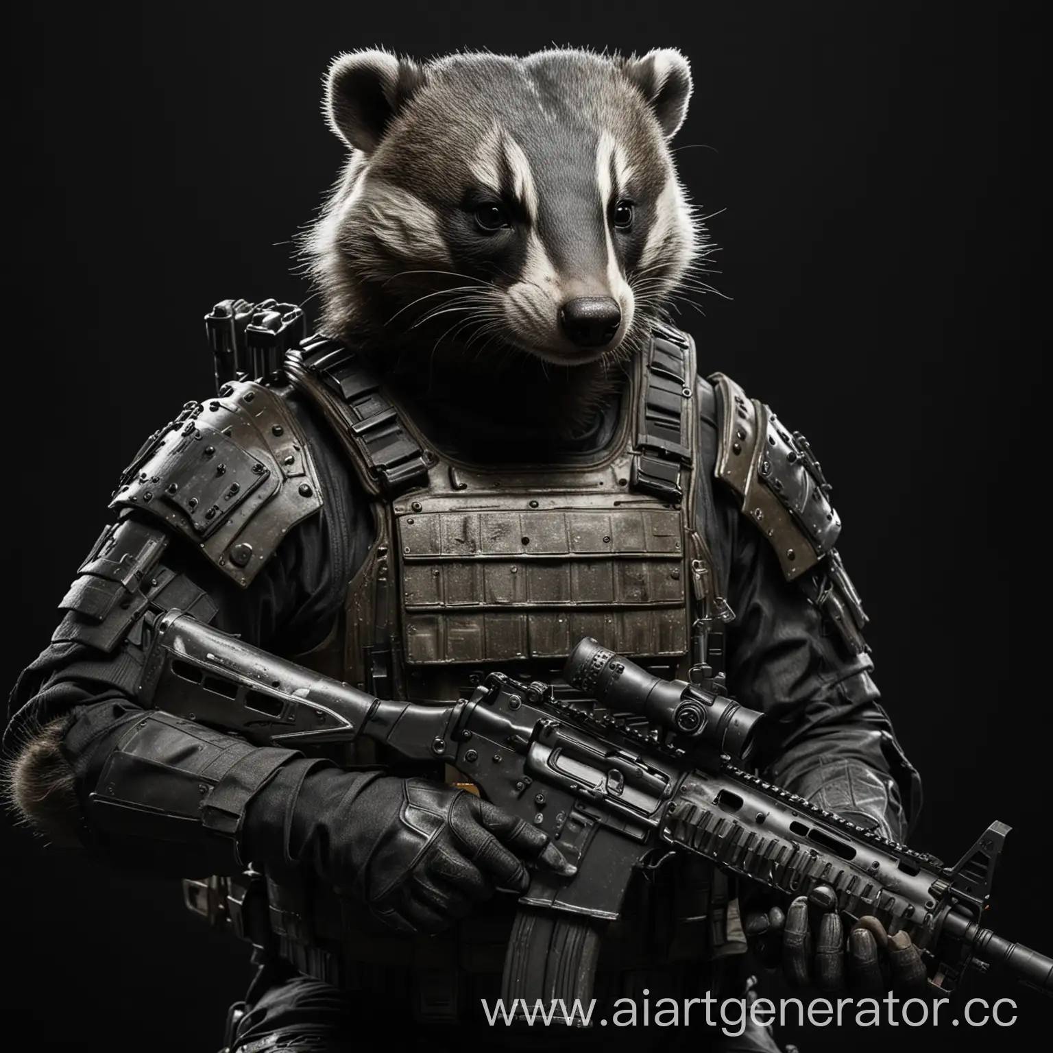 Badger-in-Tactical-Body-Armor-with-Automatic-Weapon-on-Black-Background
