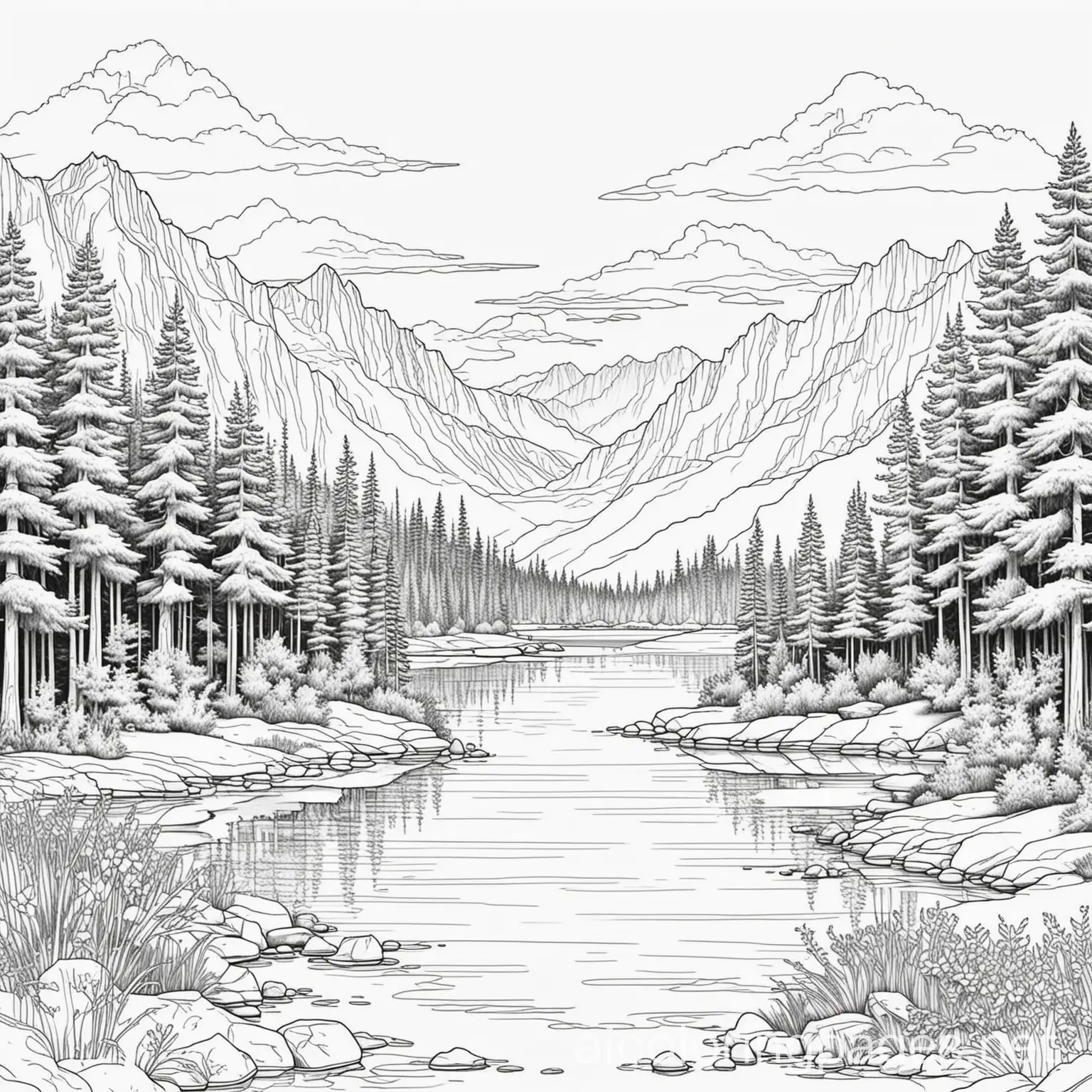 mountains trees lake, Coloring Page, black and white, line art, white background, Simplicity, Ample White Space. The background of the coloring page is plain white to make it easy for young children to color within the lines. The outlines of all the subjects are easy to distinguish, making it simple for kids to color without too much difficulty