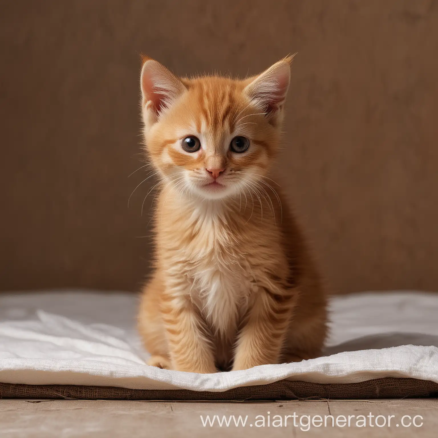 рыжий котёнок сидит на белом одеяли а всаде тёмно
 коричневая стена
