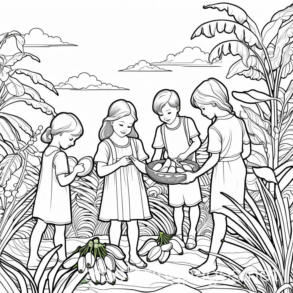 niños recogiendo plátanos canarios, Coloring Page, black and white, line art, white background, Simplicity, Ample White Space. The background of the coloring page is plain white to make it easy for young children to color within the lines. The outlines of all the subjects are easy to distinguish, making it simple for kids to color without too much difficulty