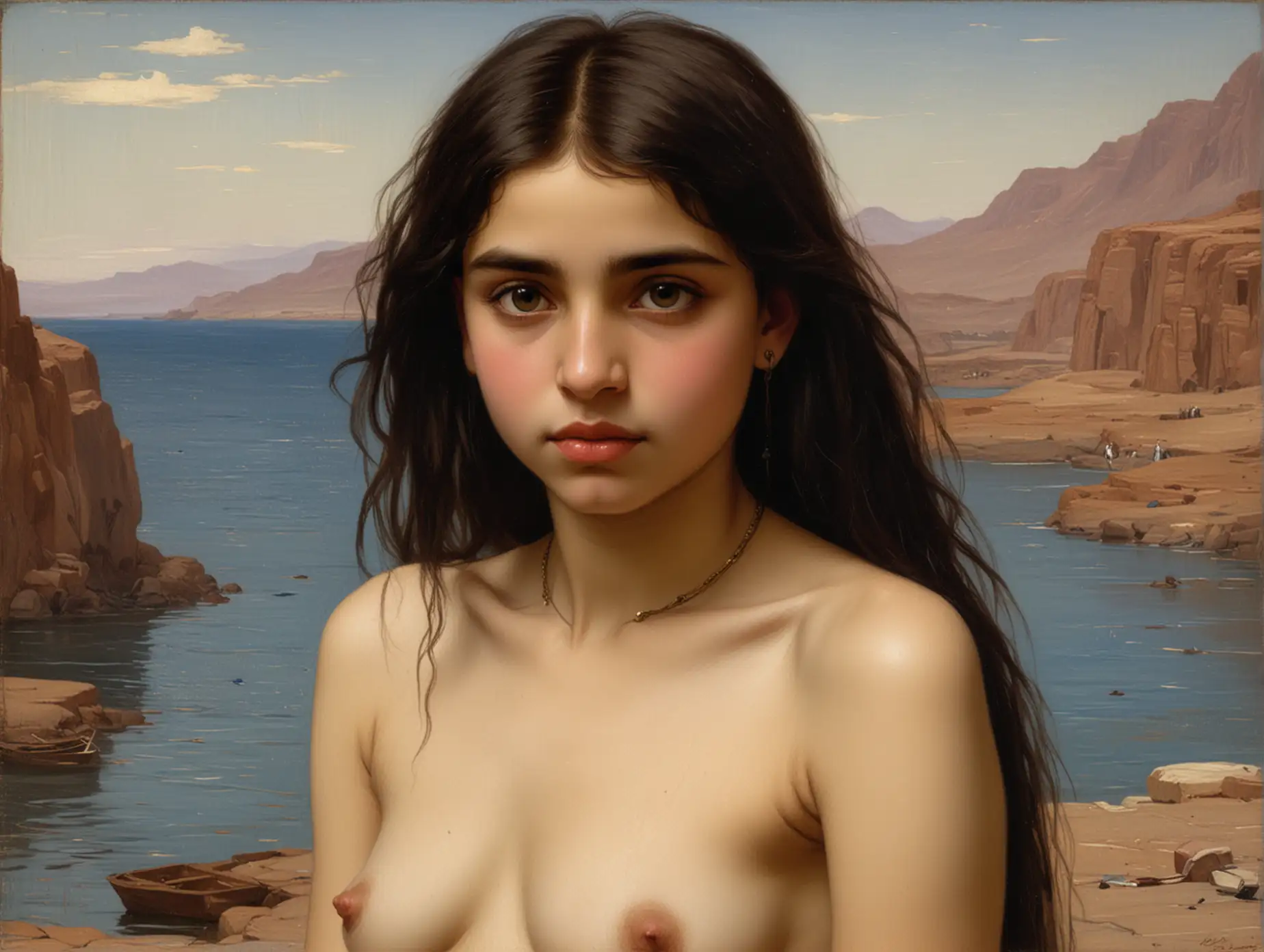 John William Waterhouse portrait of young topless Egyptian girl.