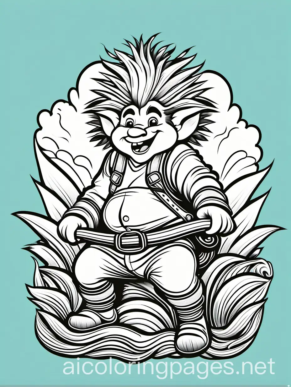  happy troll , riding a bke, wearing pants, crazy hair,, colouring  page, infant, thick lines, ample white space., Coloring Page, black and white, line art, white background, Simplicity, Ample White Space. The background of the coloring page is plain white to make it easy for young children to color within the lines. The outlines of all the subjects are easy to distinguish, making it simple for kids to color without too much difficulty