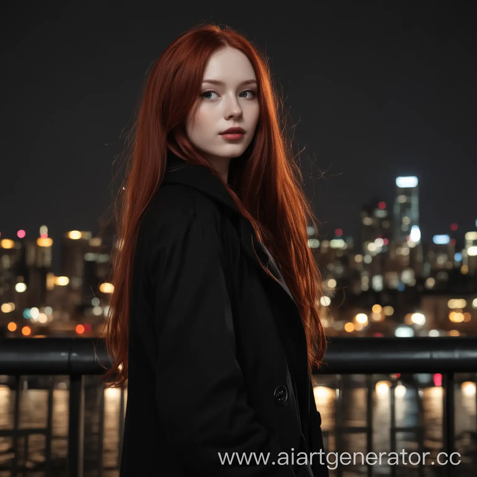 A girl with dark red long hair, pale skin. In a black coat. It stands against the background of the night city