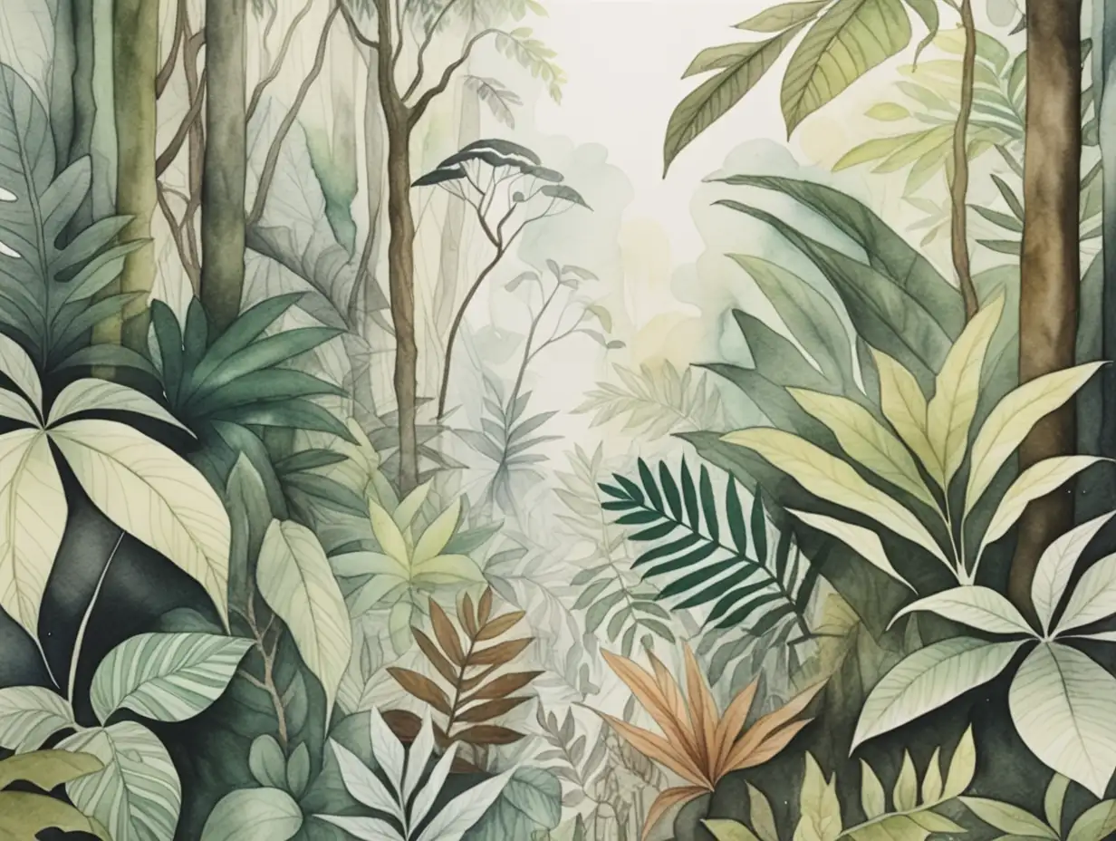 magnified rainforest scene in pale watercolor
