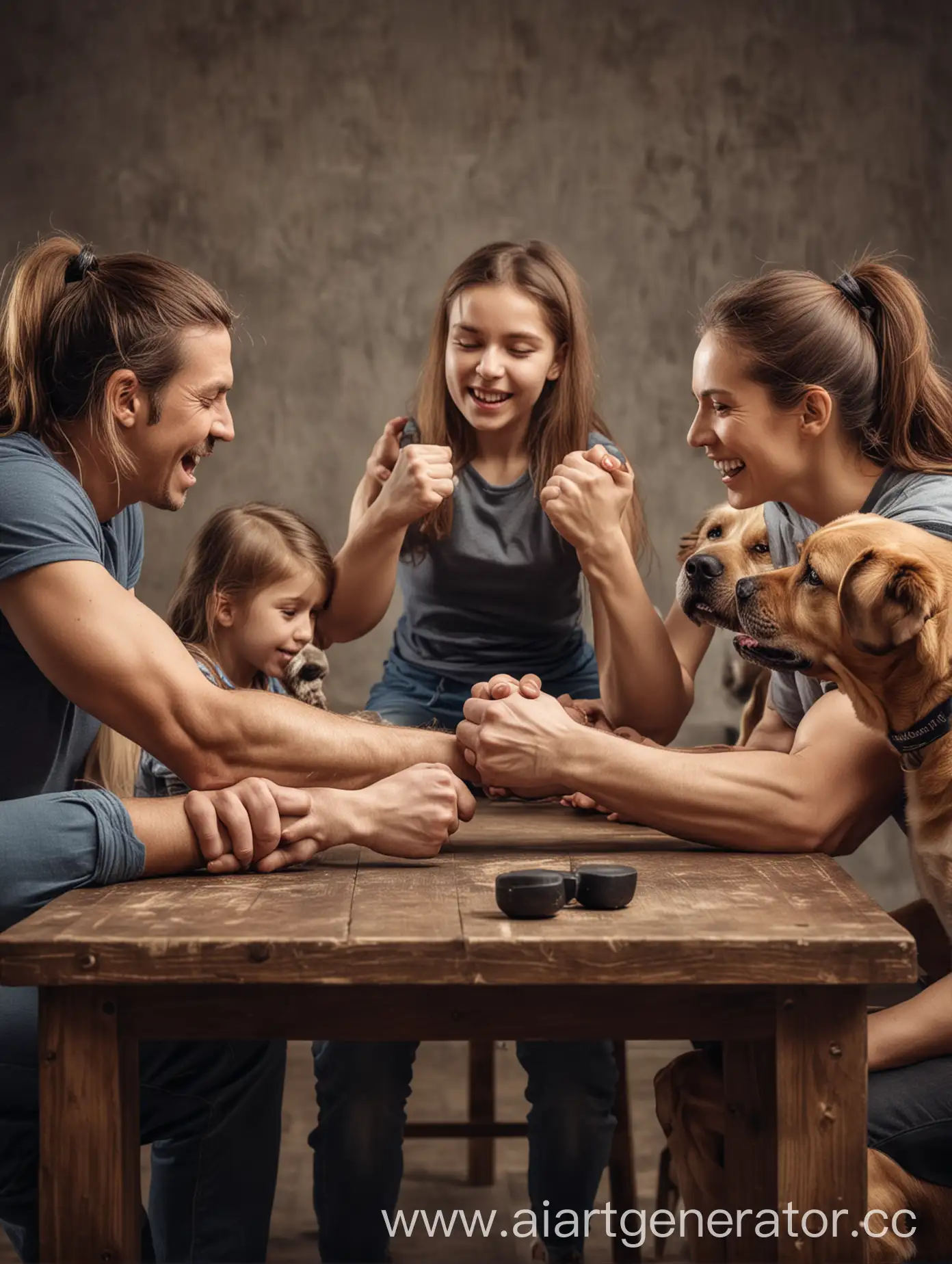 Family-Armwrestling-Competition-with-Papa-Mama-Daughter-Son-and-Dog