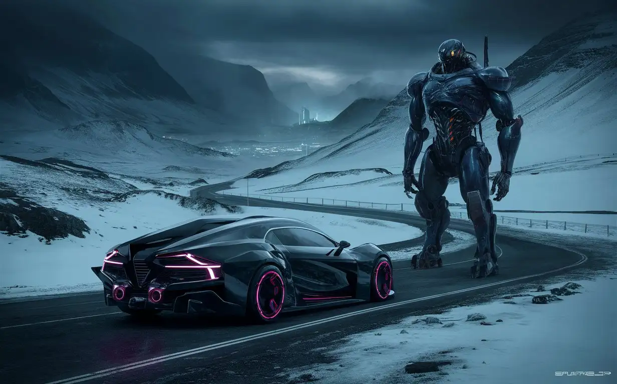 cars robots in the winter mountains cyberpunk in dark colors