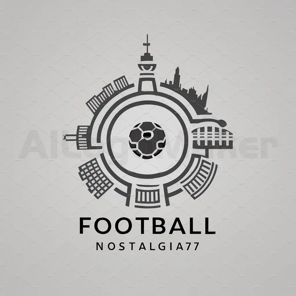 a logo design,with the text "Football Nostalgia77", main symbol:ball/buildings/tower/city/sky/circle/stadiums,complex,be used in Finance industry,clear background