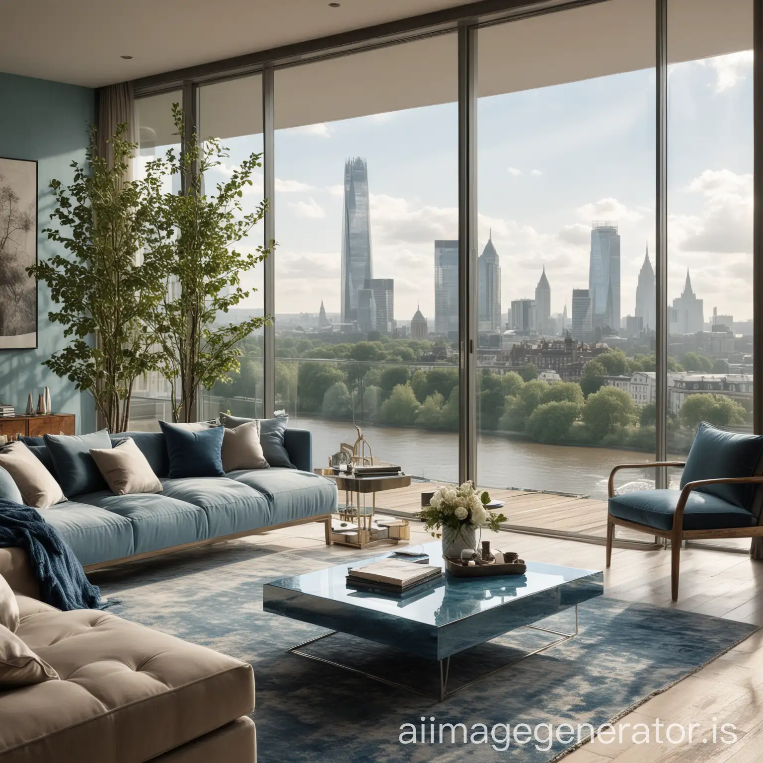 A lavish apartment interior design with a Thames River, trees and city panorama, terrace behind the window, featuring contemporary furniture, a blend of earthy and blue hues inspired by the river, floor-to-ceiling windows, terase, allowing natural shiny light to illuminate the space, and a serene, airy ambiance, rays of light, using clay and mixed media, carefreeness