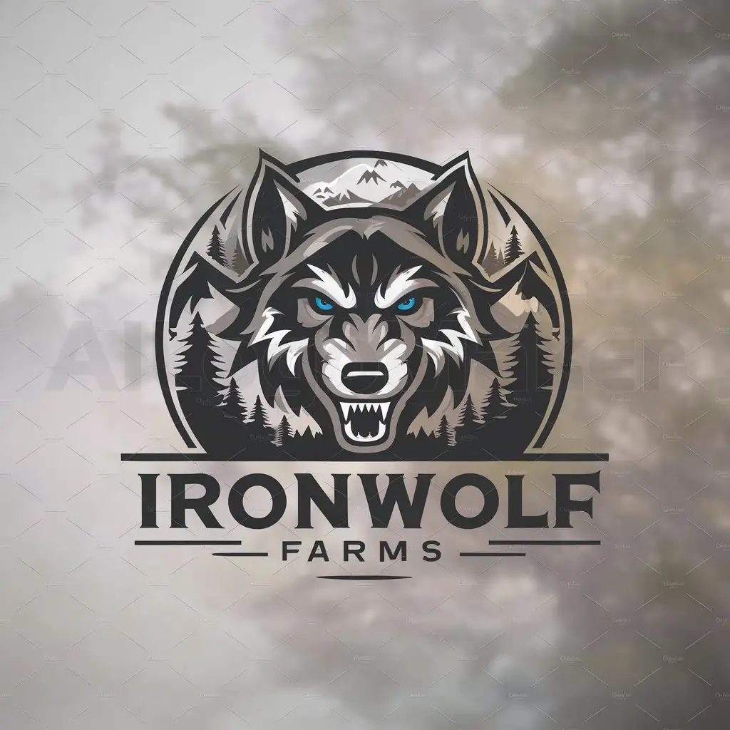 a logo design,with the text "IronWolf Farms", main symbol:Wolf's head with trees and mountains,Moderate,be used in Livestock transport industry,clear background
