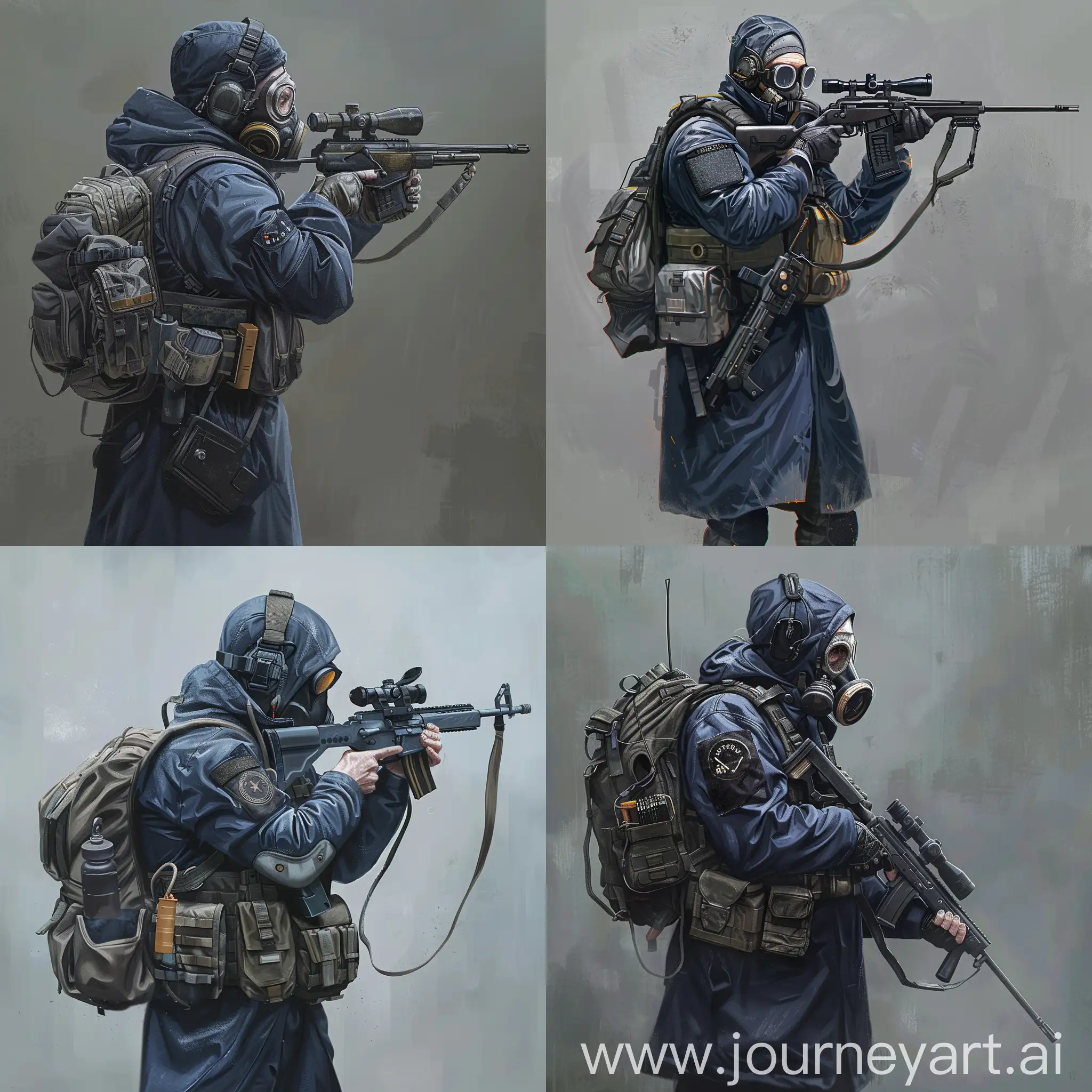 Concept art a mercenary from the universe of S.T.A.L.K.E.R., a mercenary dressed in a dark blue military raincoat, gray military armor on his body, a gas mask on his face, a small military backpack on his back, sniper rifle in his hands.