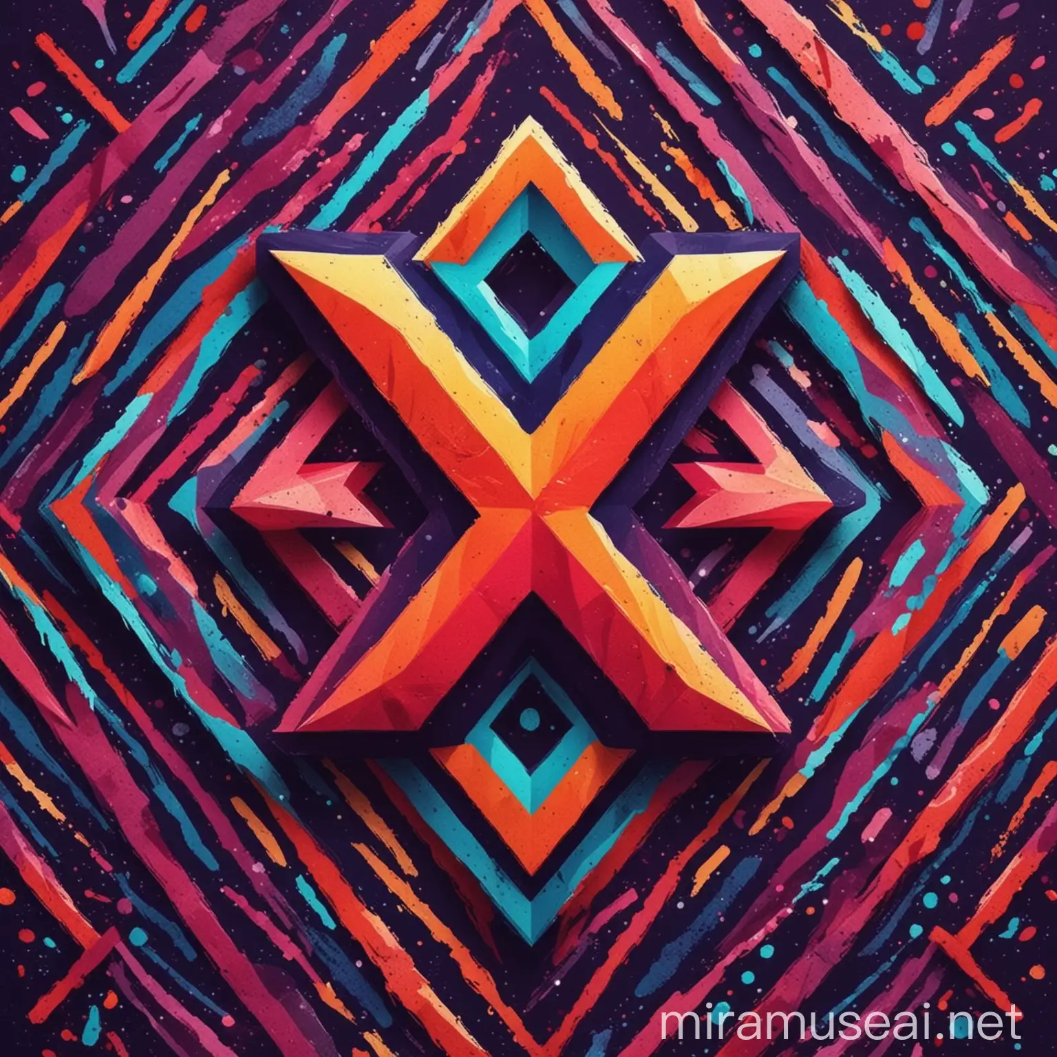 Design a vibrant, geometric shape or abstract pattern with bold lines and bright colors, incorporating the letter 'X' or a stylized element that represents the X app's brand and theme