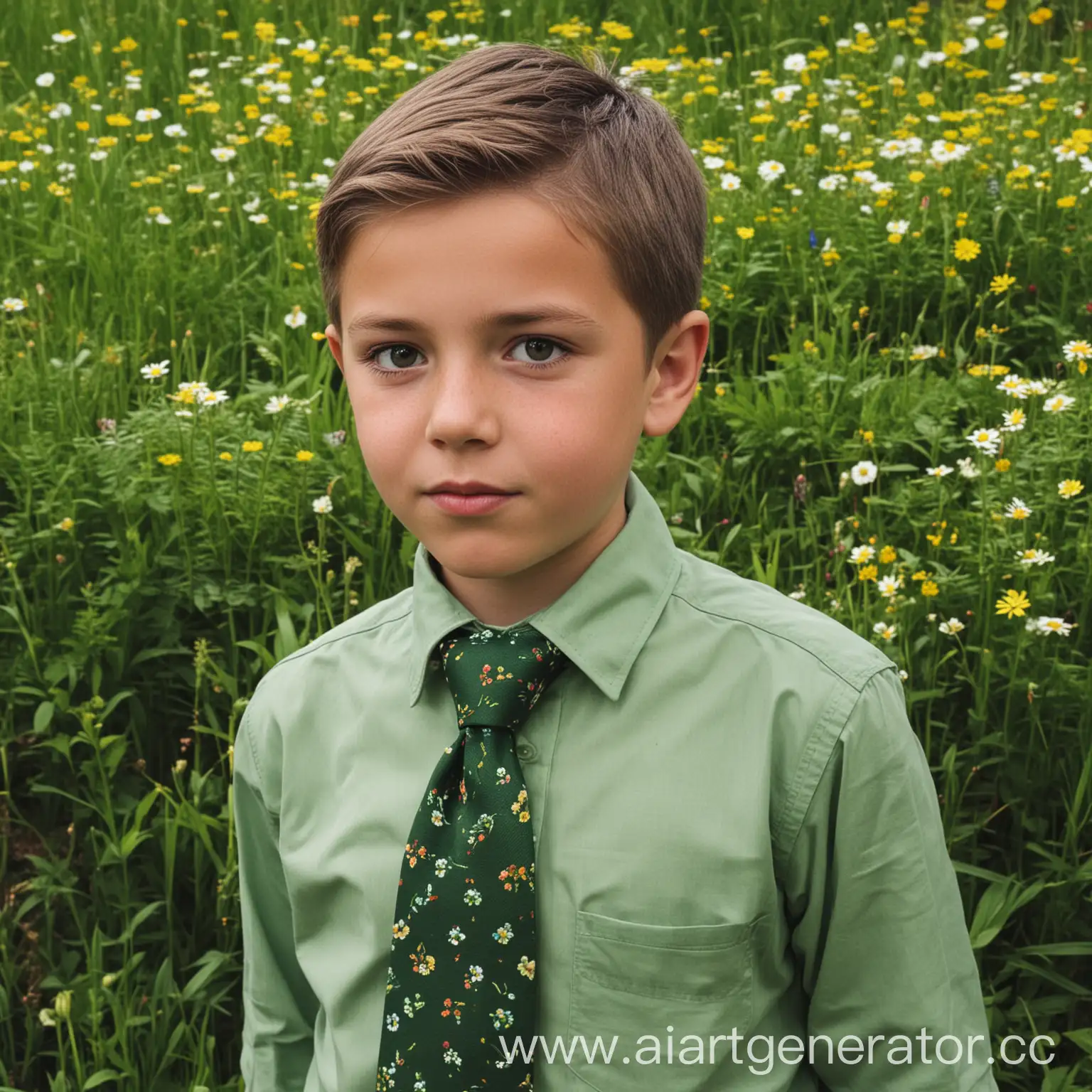 Мальчик, пионерский галстук зеленый, школьник, природа, цветок